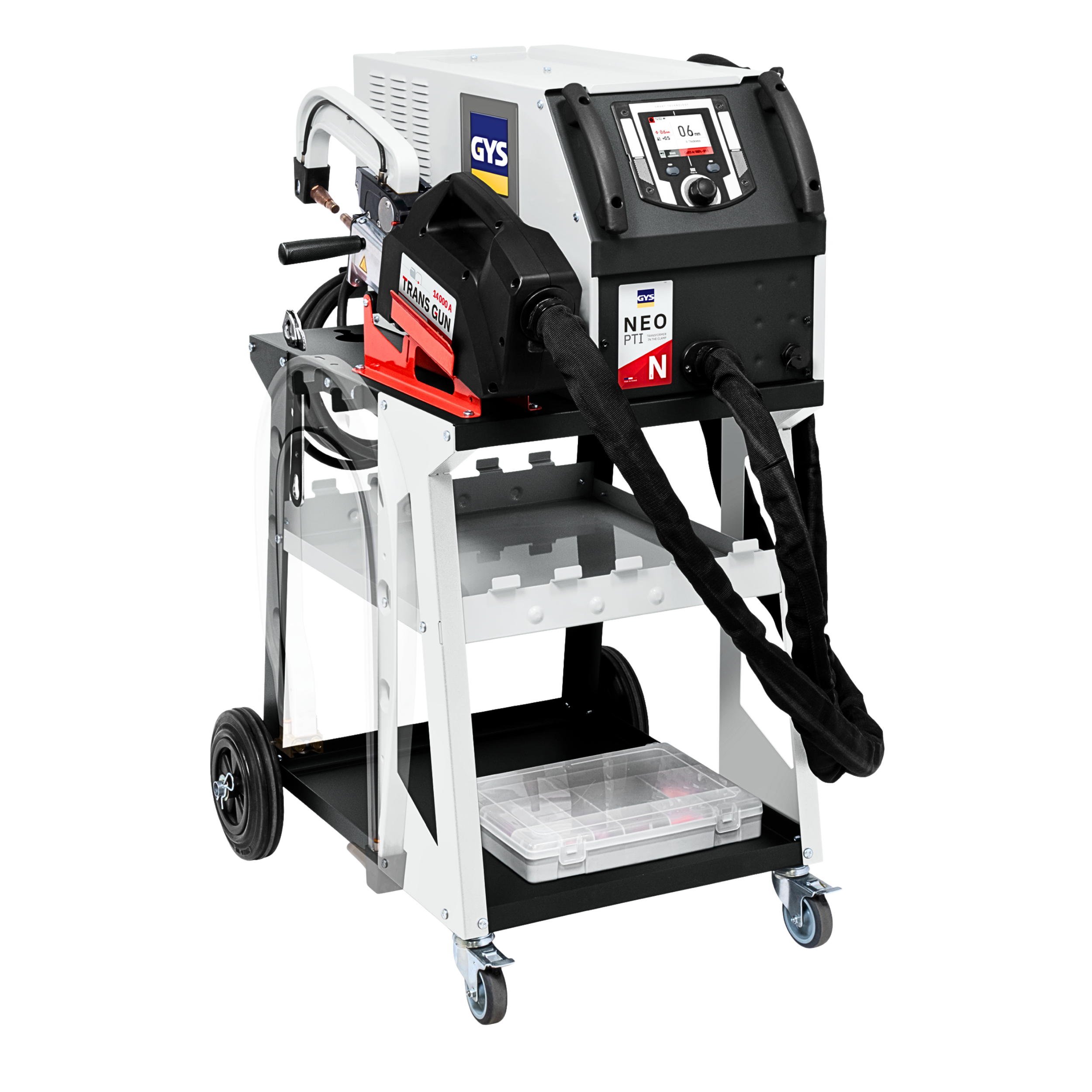 Industrial welding machine on a mobile cart with wheels, featuring various controls, labels, and hoses.