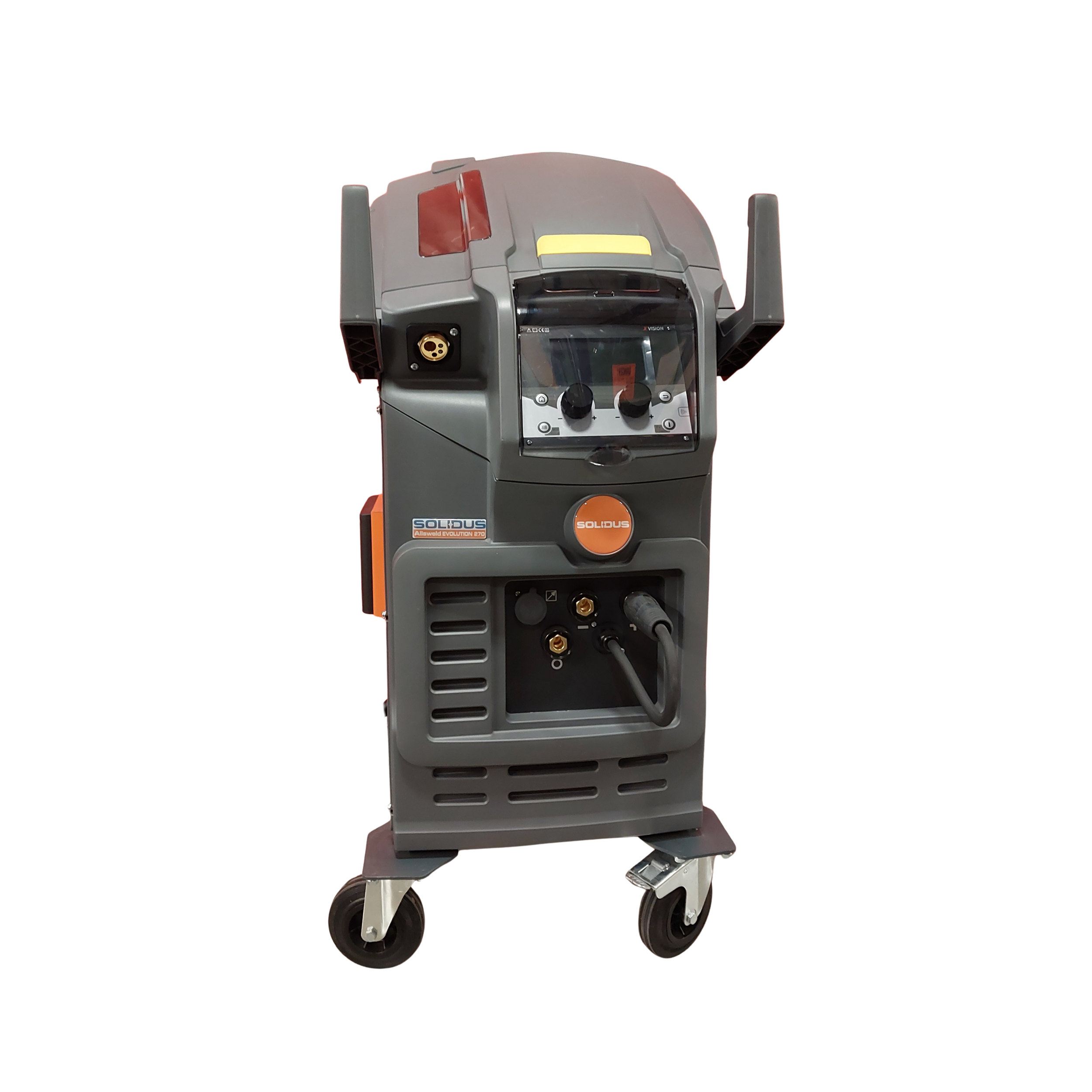 A Metal Inverter Welder Machine on wheels, with control dials, power outlets, and connection ports.