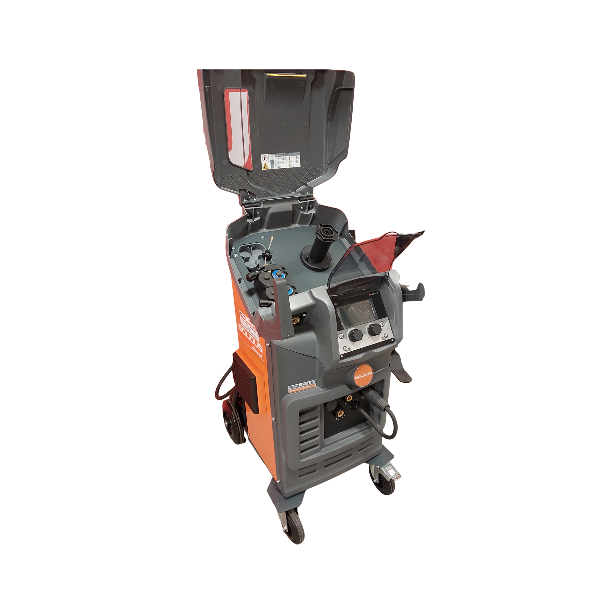 Industrial welding machine with control panel, wheels, and open lid