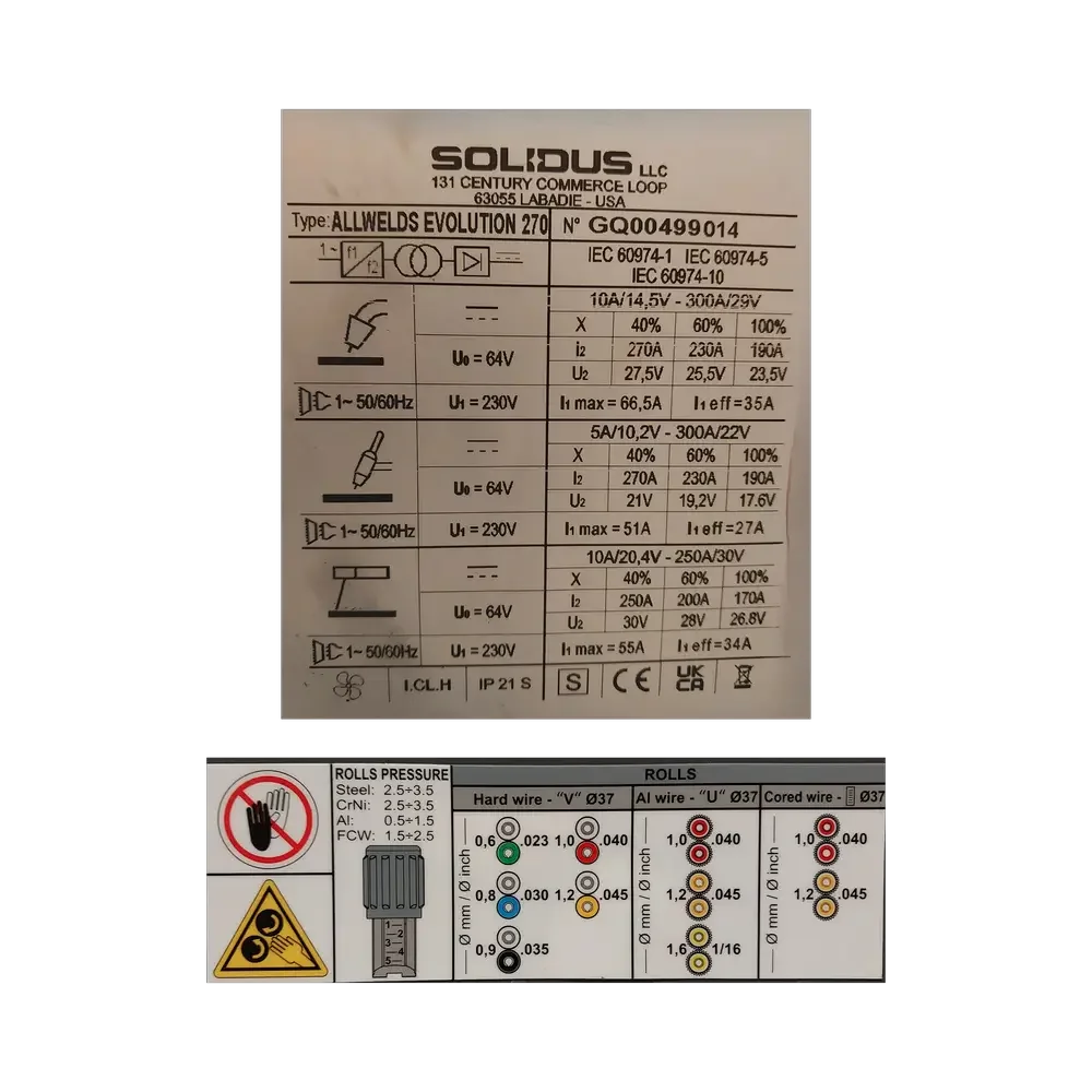 Label with specifications for Solidus LLC welding equipment, including technical data, electrical details, and safety warnings; also contains instructions and diagrams for roll pressure measurements and wire types.