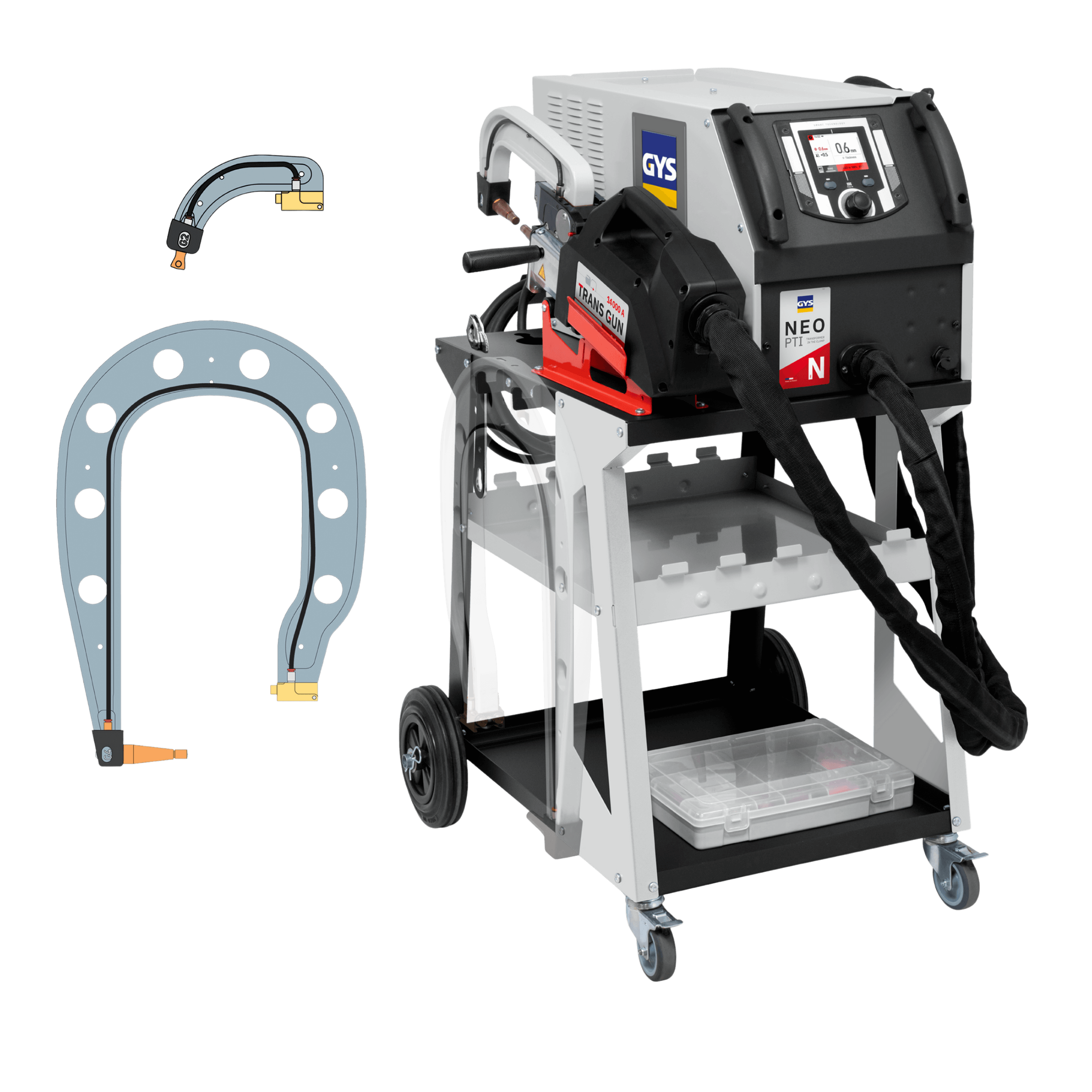 Welding machine with hoses and accessories on a mobile stand.