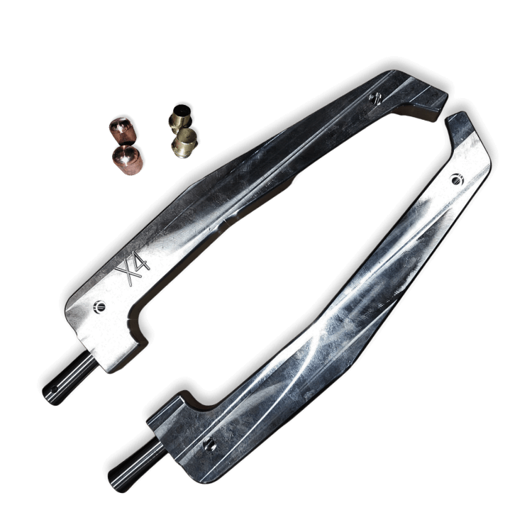 GYS Ref 050532 X4 offset arm set featuring two aluminum spot welder arms and beveled caps.