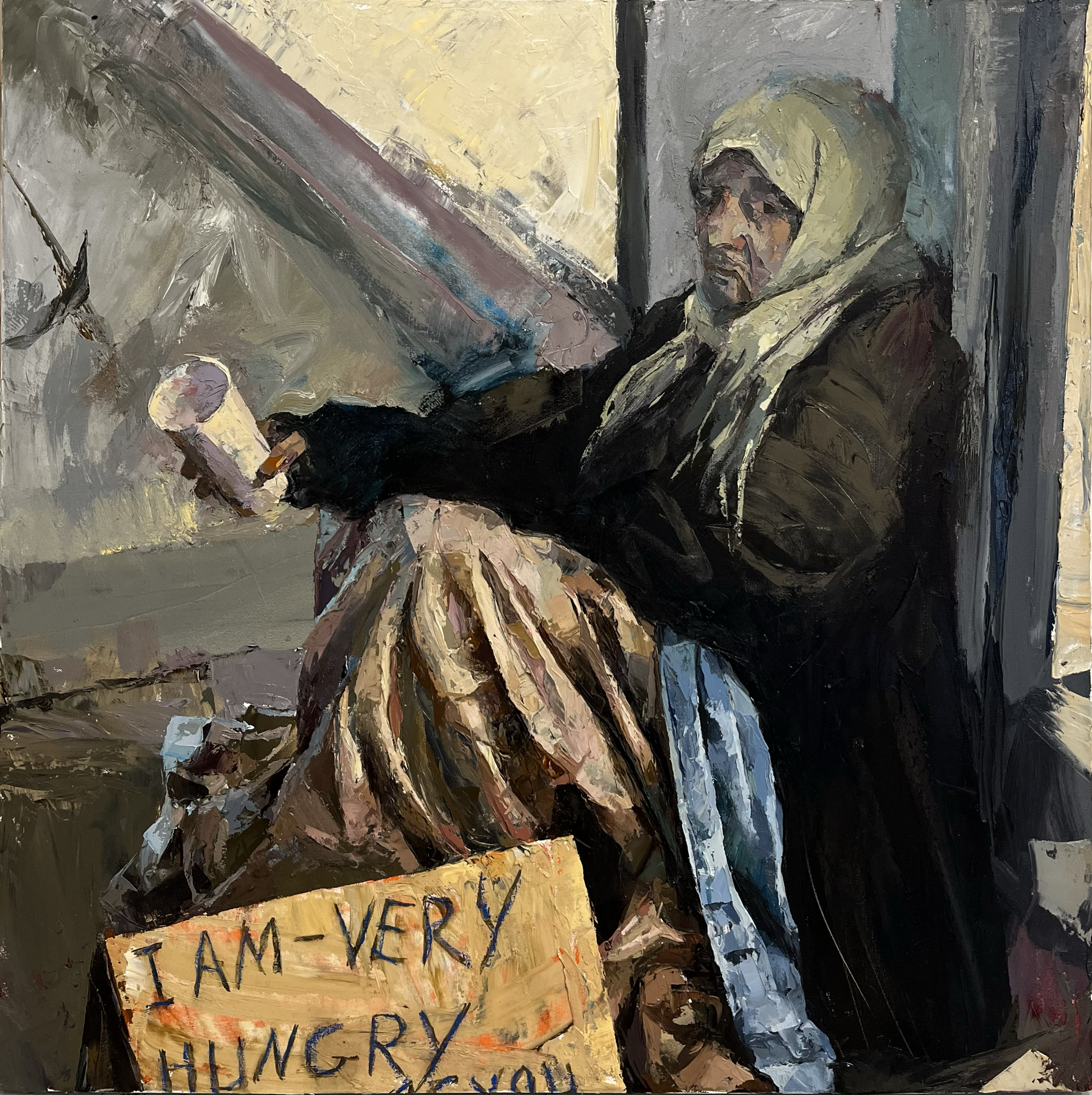 Painting of a man with a hooded coat sitting with a cup of drink in his hand, with a sign that says "I AM VERY HUNGRY, YOU" in front of him, set in an urban environment.
