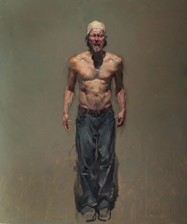 A shirtless man with a headwrap and gray hair, standing with an aggressive facial expression and mouth open, wearing loose dark pants, against a plain background.