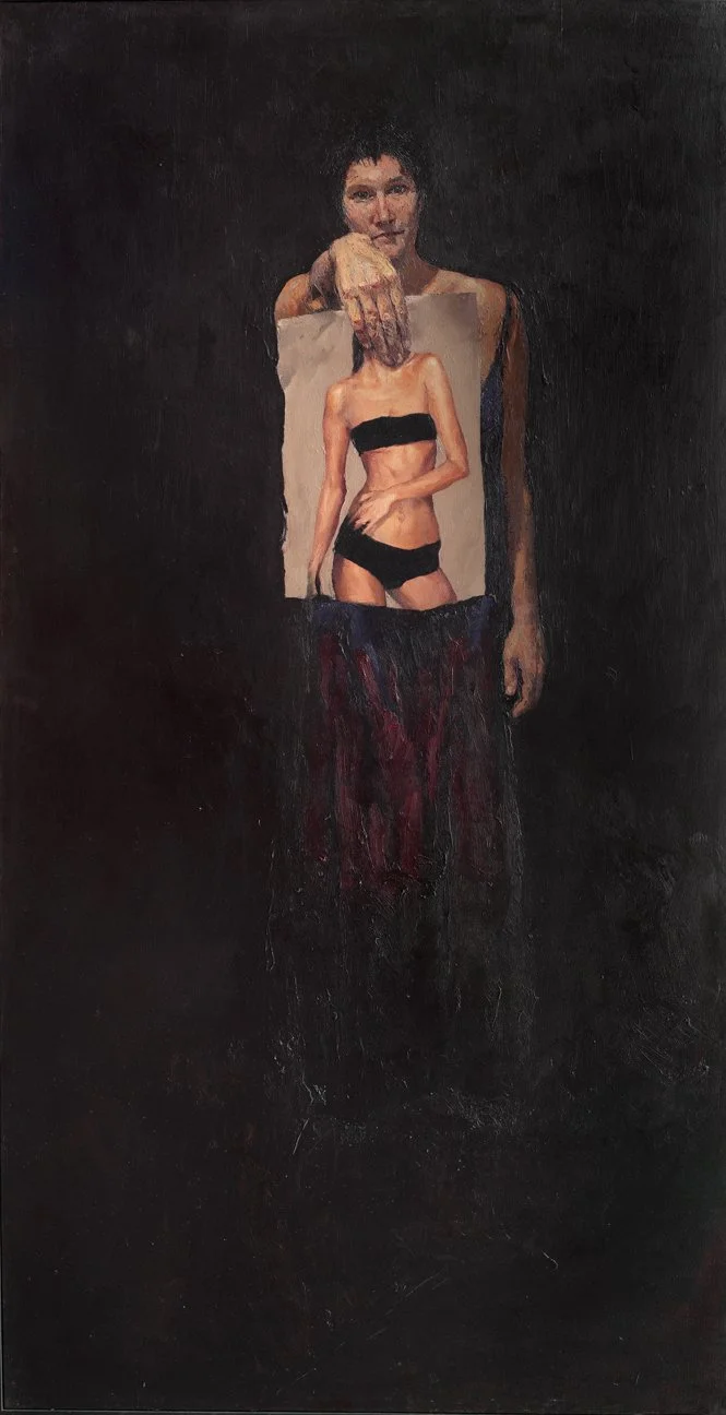A painting of a woman holding a photograph of another woman, who is scantily dressed in black underwear, against a black background.