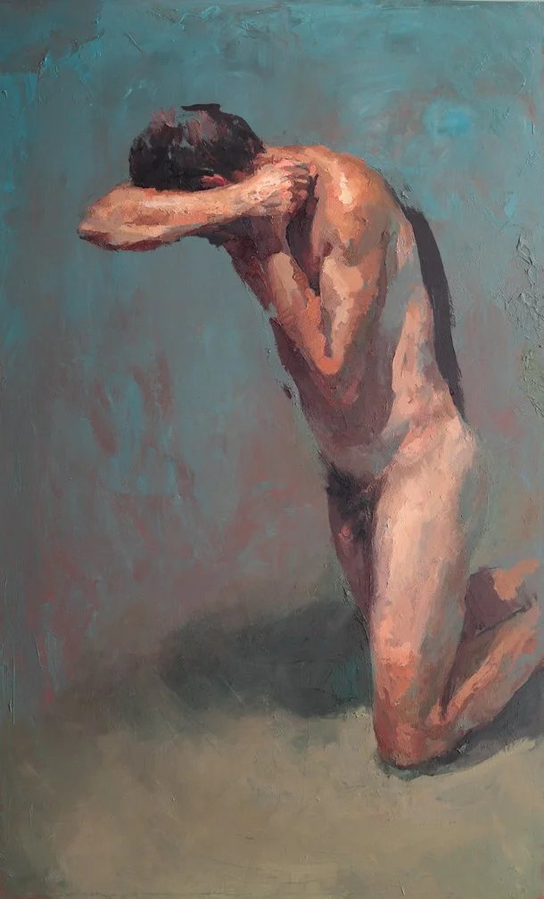 A painting of a kneeling nude man with his head bent and arms covering his face, against a muted background.