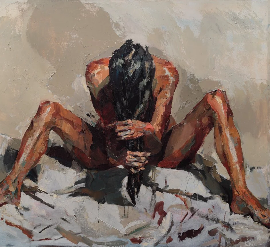 An abstract painting of a woman with long black hair, sitting with her knees bent and her arms crossed, covering her face, on a white and beige background.