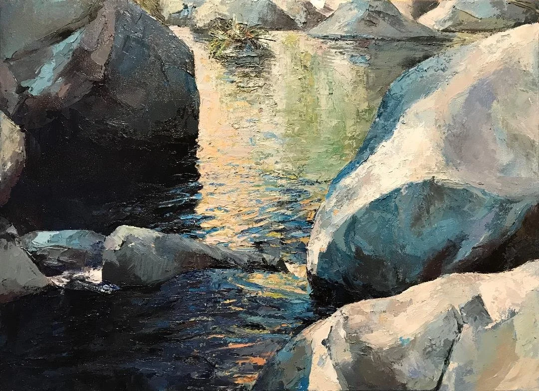 An oil painting of a rocky river with water reflecting the sky and surrounding rocks.