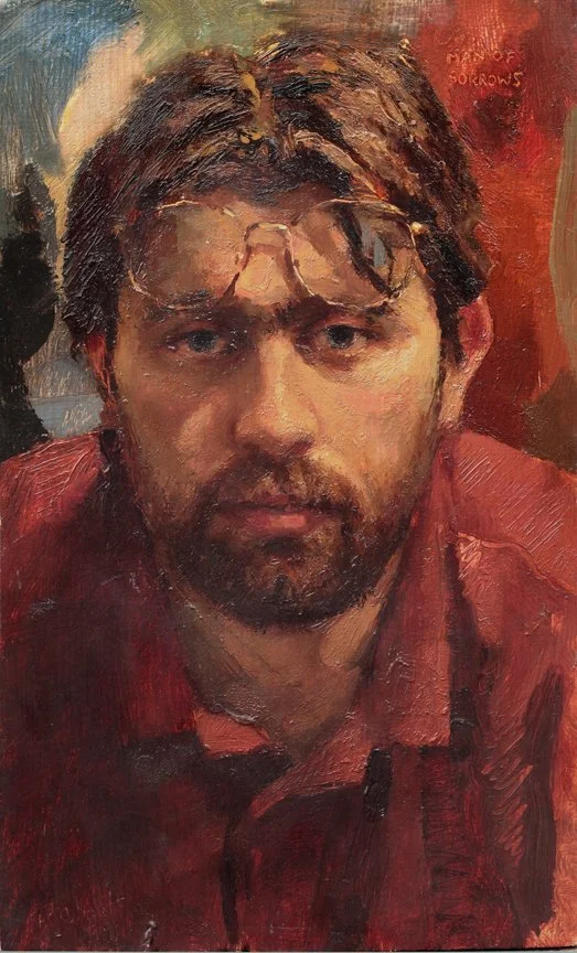 A realistic painted portrait of a young man with dark hair, glasses, a beard, and wearing a red shirt.