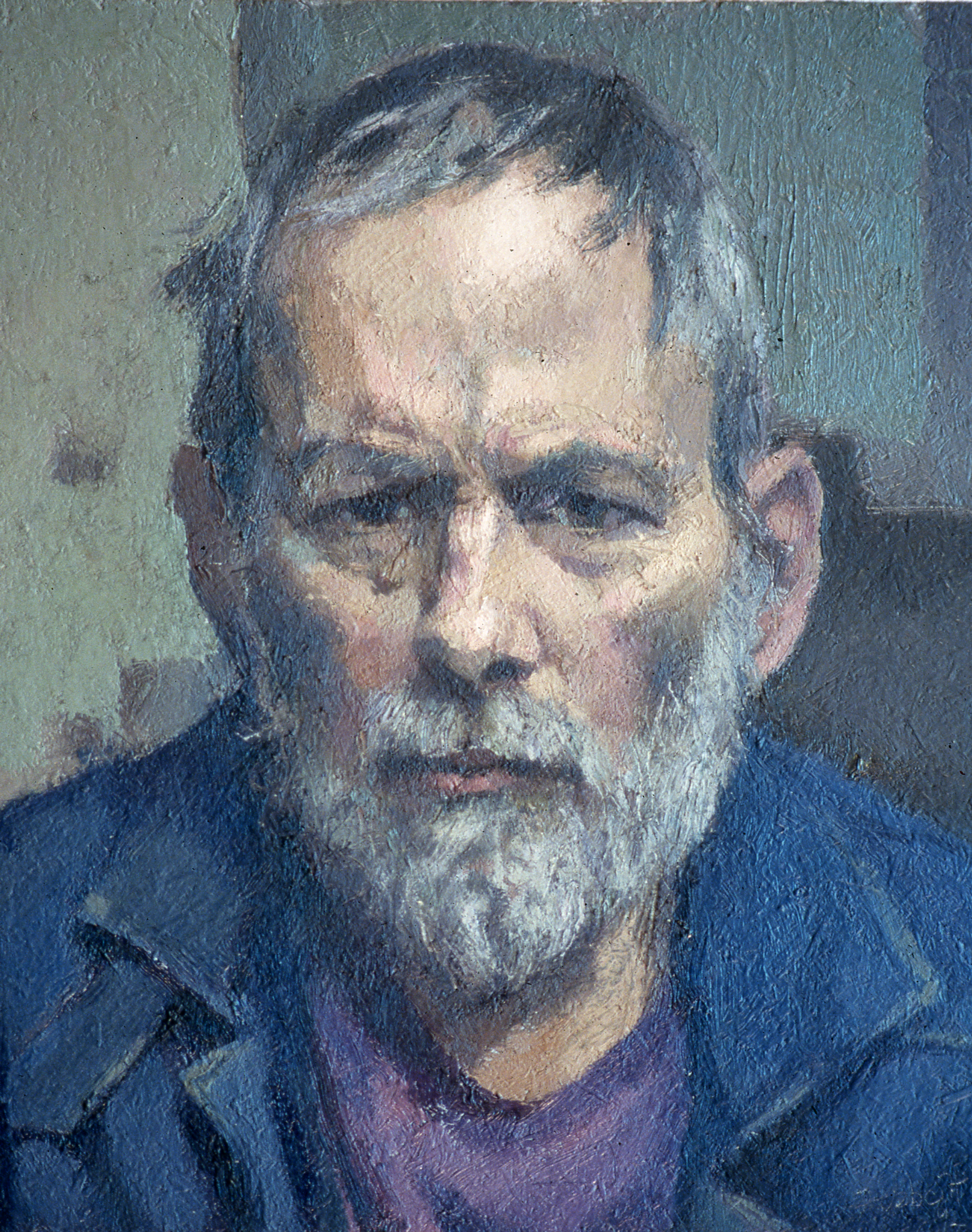 Oil painting portrait of an older man with glasses, gray hair, a beard, wearing a dark jacket and purple shirt.