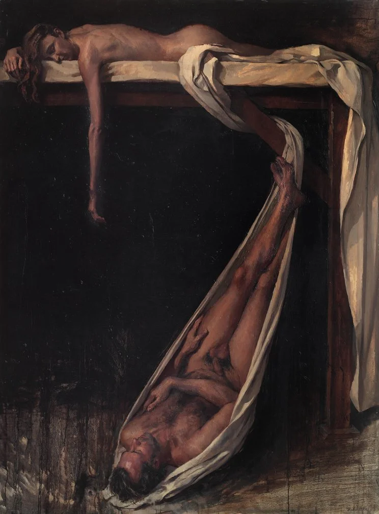 A painting of two nude figures, one lying face-down on a bed with a blanket, the other reclining upside down in a hammock, set against a dark background.