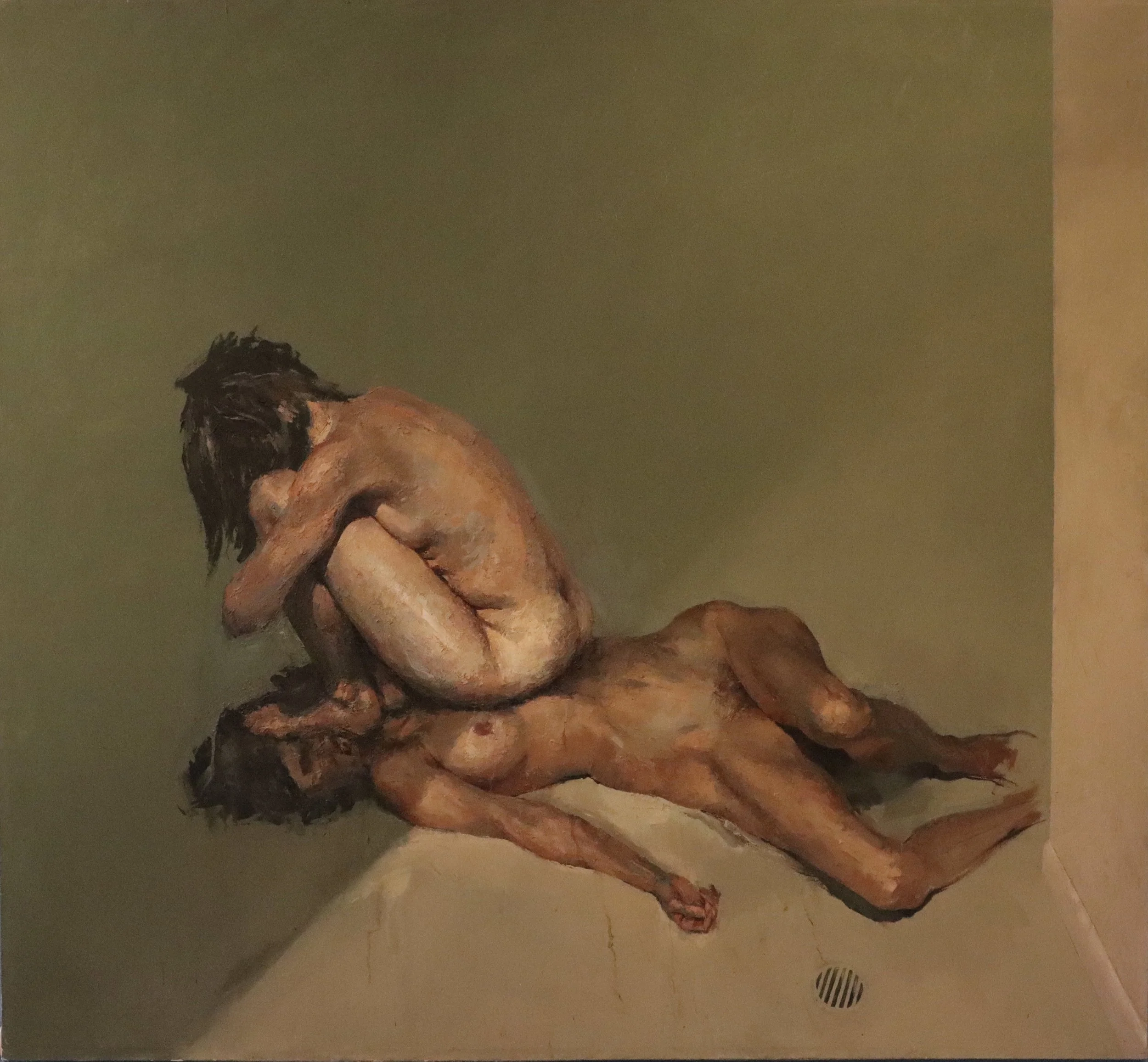 Painting of two nude women curled up on a corner with a green wall and beige floor.