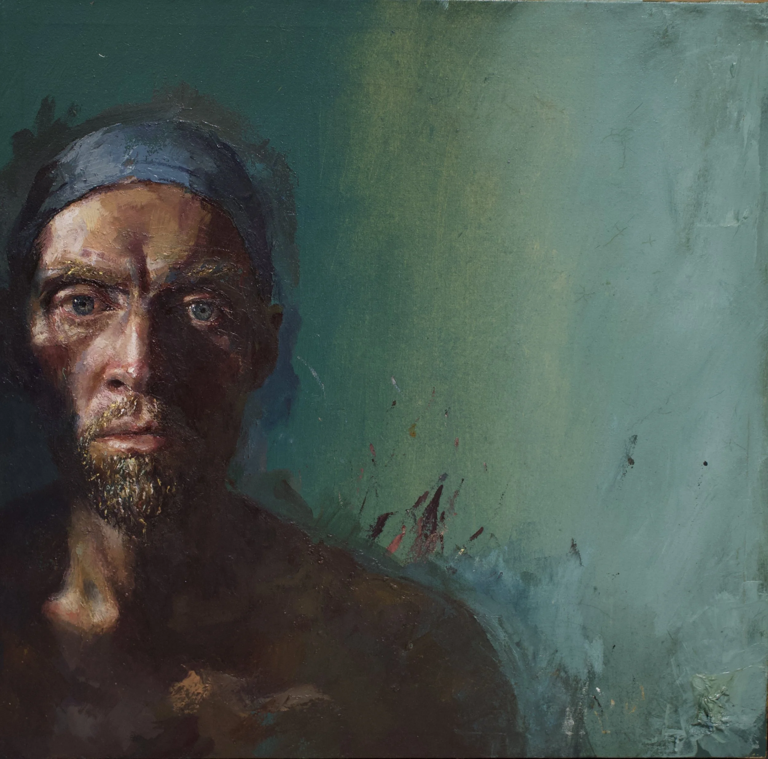 A portrait painting of a man with a beard, wearing a dark cap, with a serious expression, set against a green background.