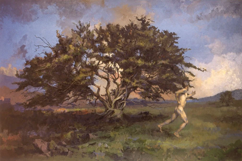 Painting of a large tree with a thick trunk and sprawling branches in a landscape. To the right, a muscular nude man runs past the tree, looking back over his shoulder. The sky is partly cloudy with soft pastel colors.