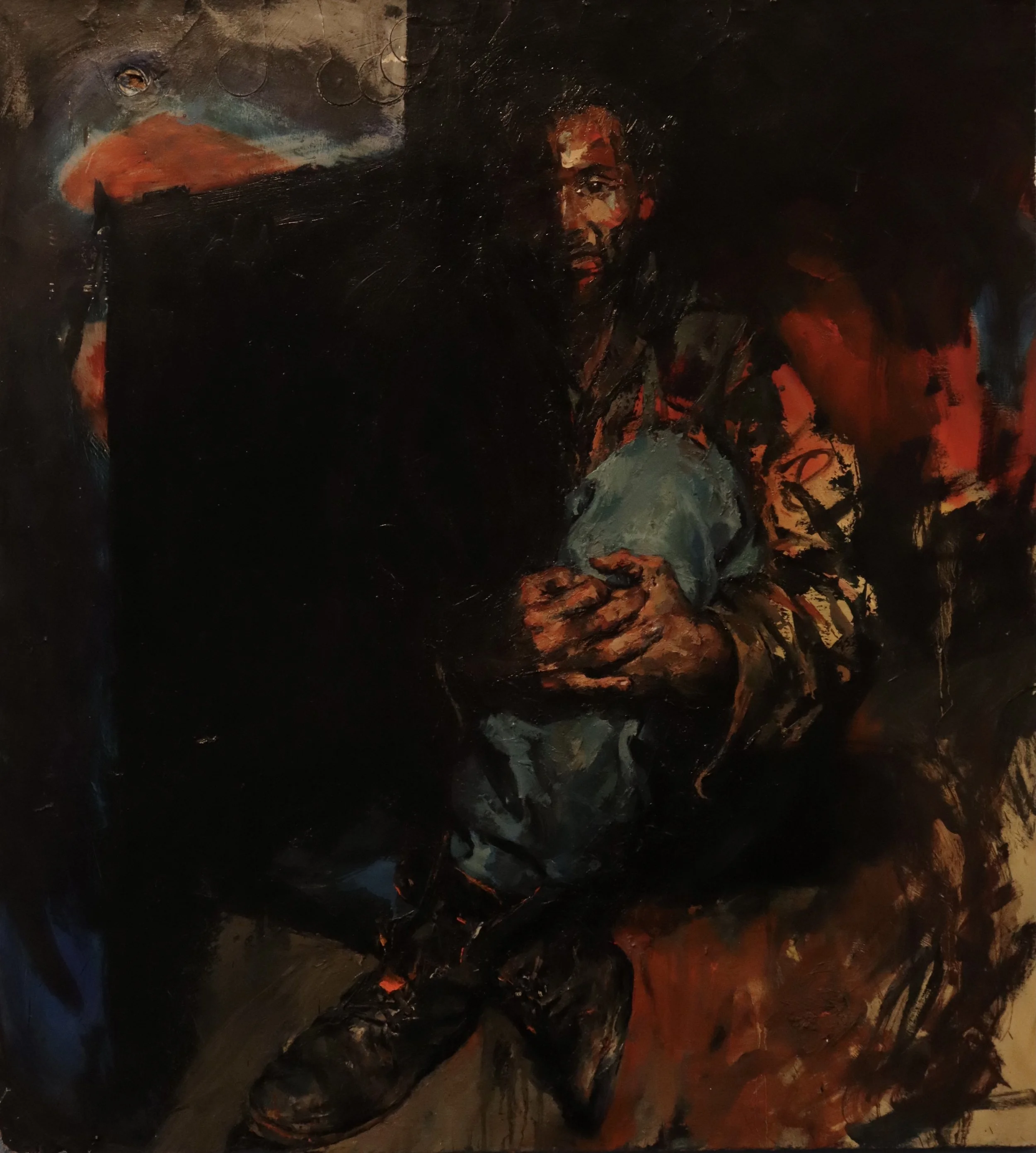 Painted portrait of a man sitting with arms crossed, wearing dark clothing and boots, with a dark background and some abstract elements.
