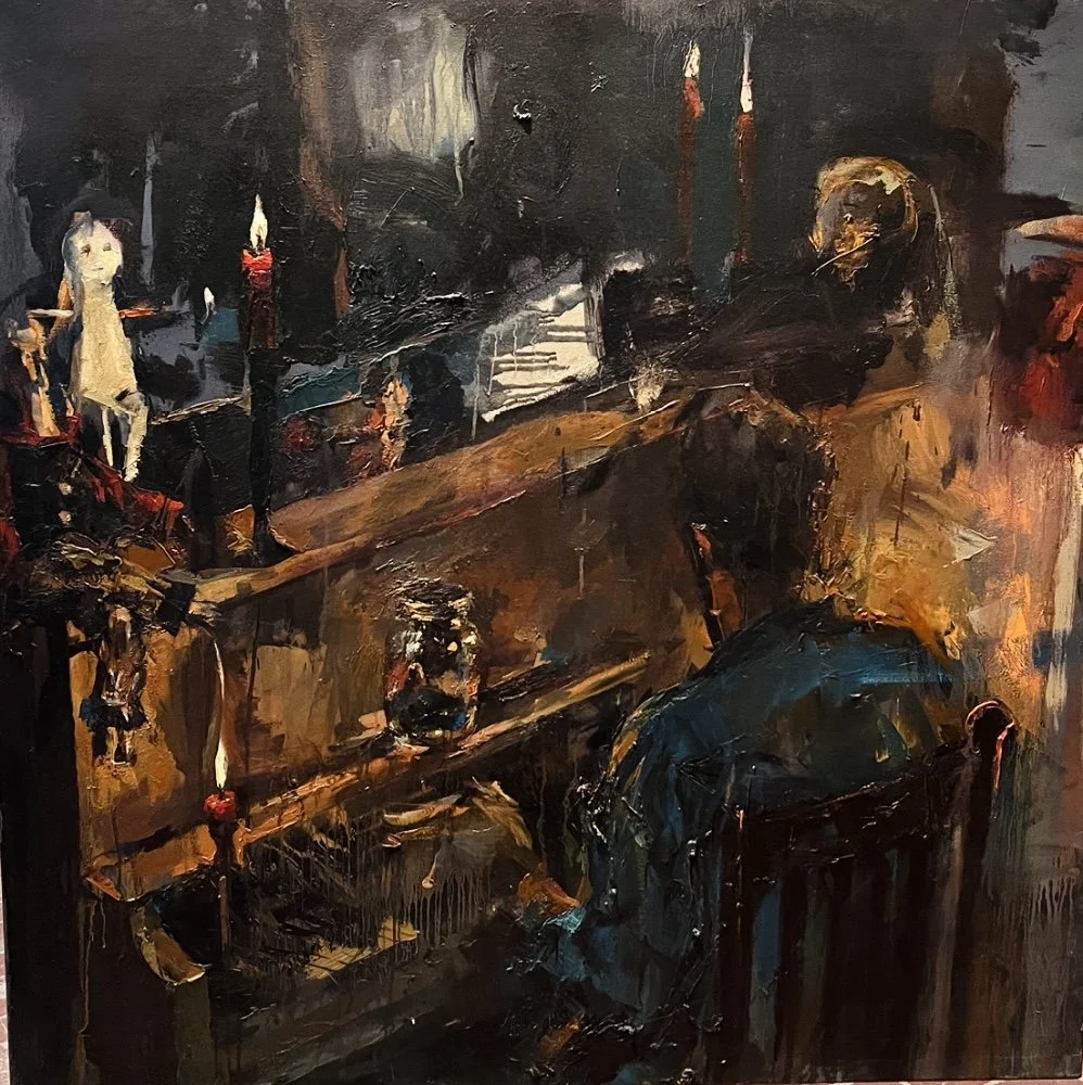 A dark, abstract painting of a dimly lit bar scene with a person seated at the bar, candles, and a mannequin on the left, using bold brushstrokes and a limited color palette.