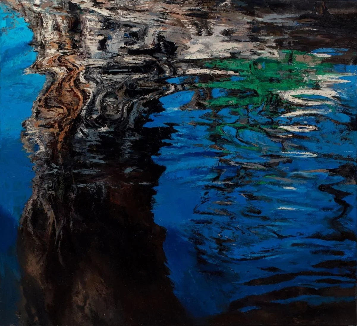 An abstract painting of a cliffside and water, with swirling brushstrokes in blue, black, brown, white, and green.