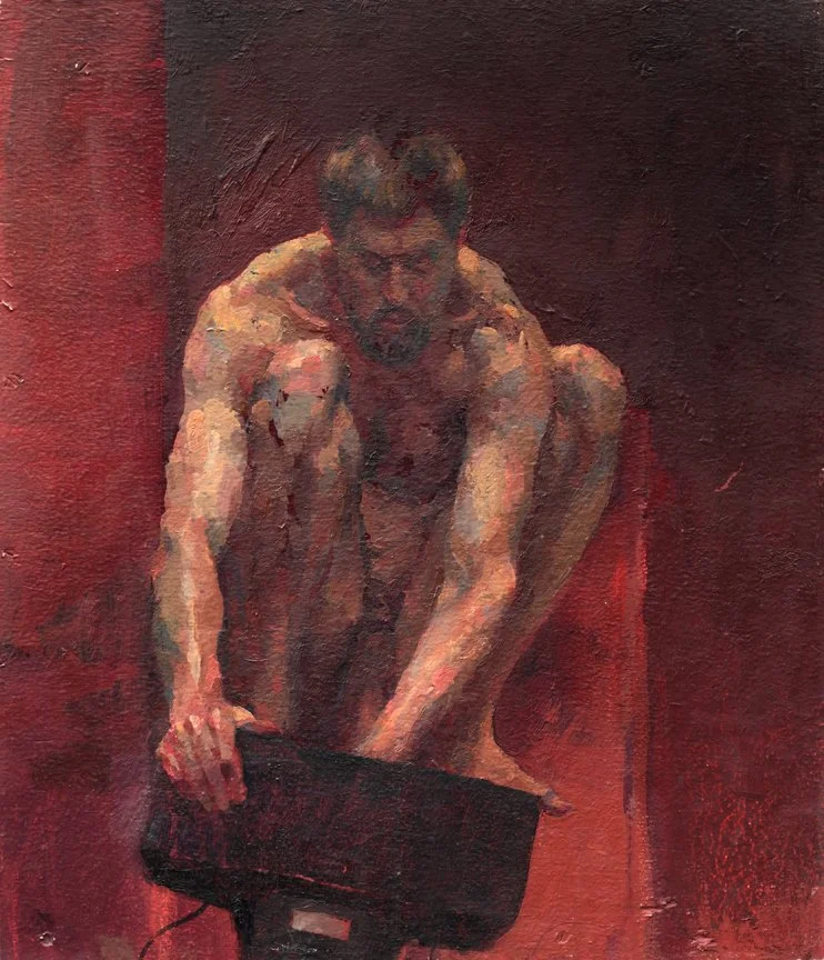 Painting of a nude man with glasses, crouching and reaching into a black bag against a red background.