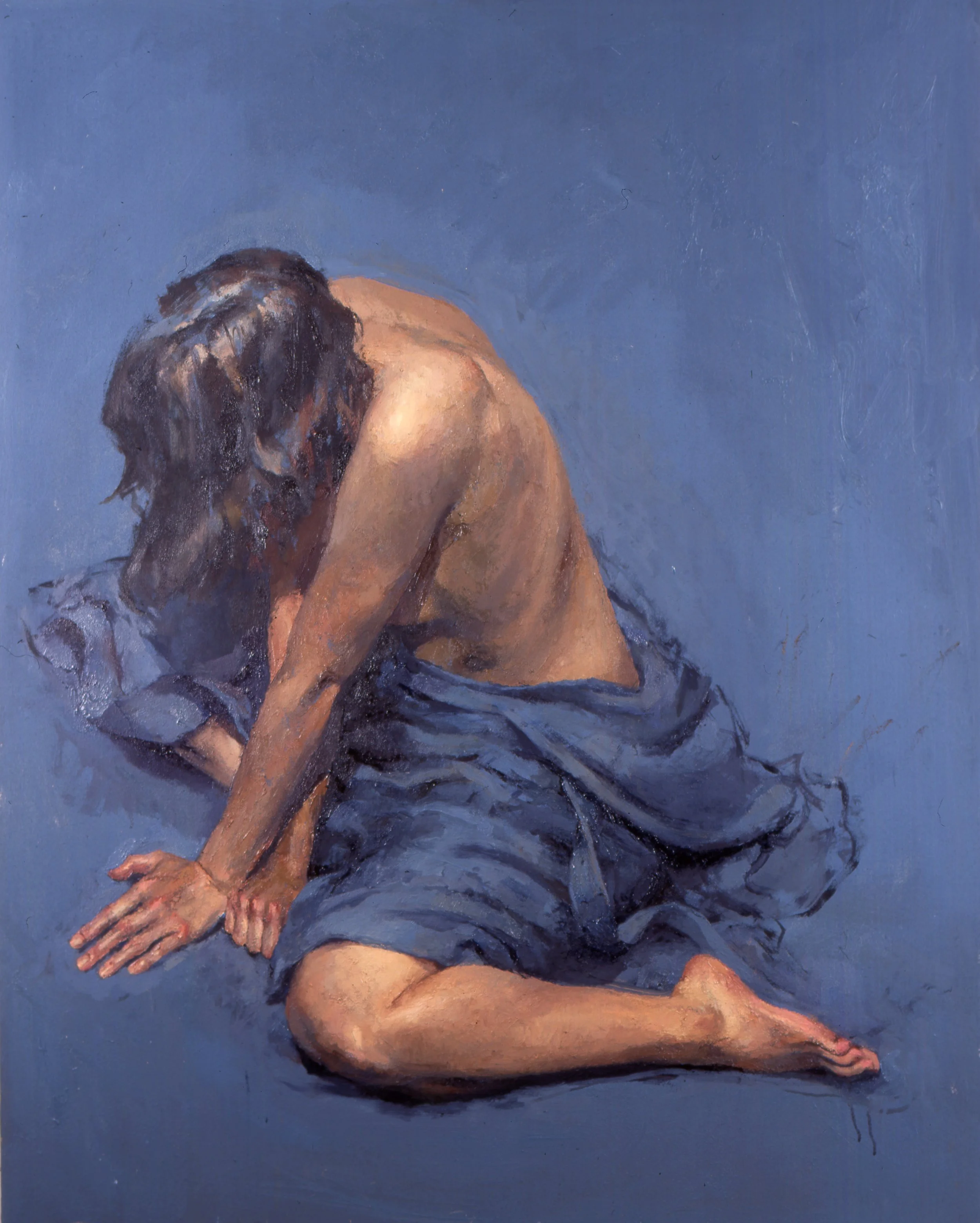 A painting of a person with dark hair, sitting on the ground with their head bowed and face obscured, draped in a dark cloth.
