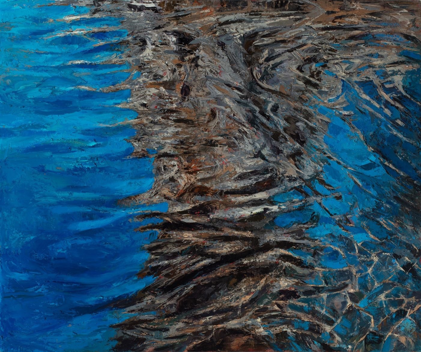 Abstract painting of a black and gray creature swimming in blue water