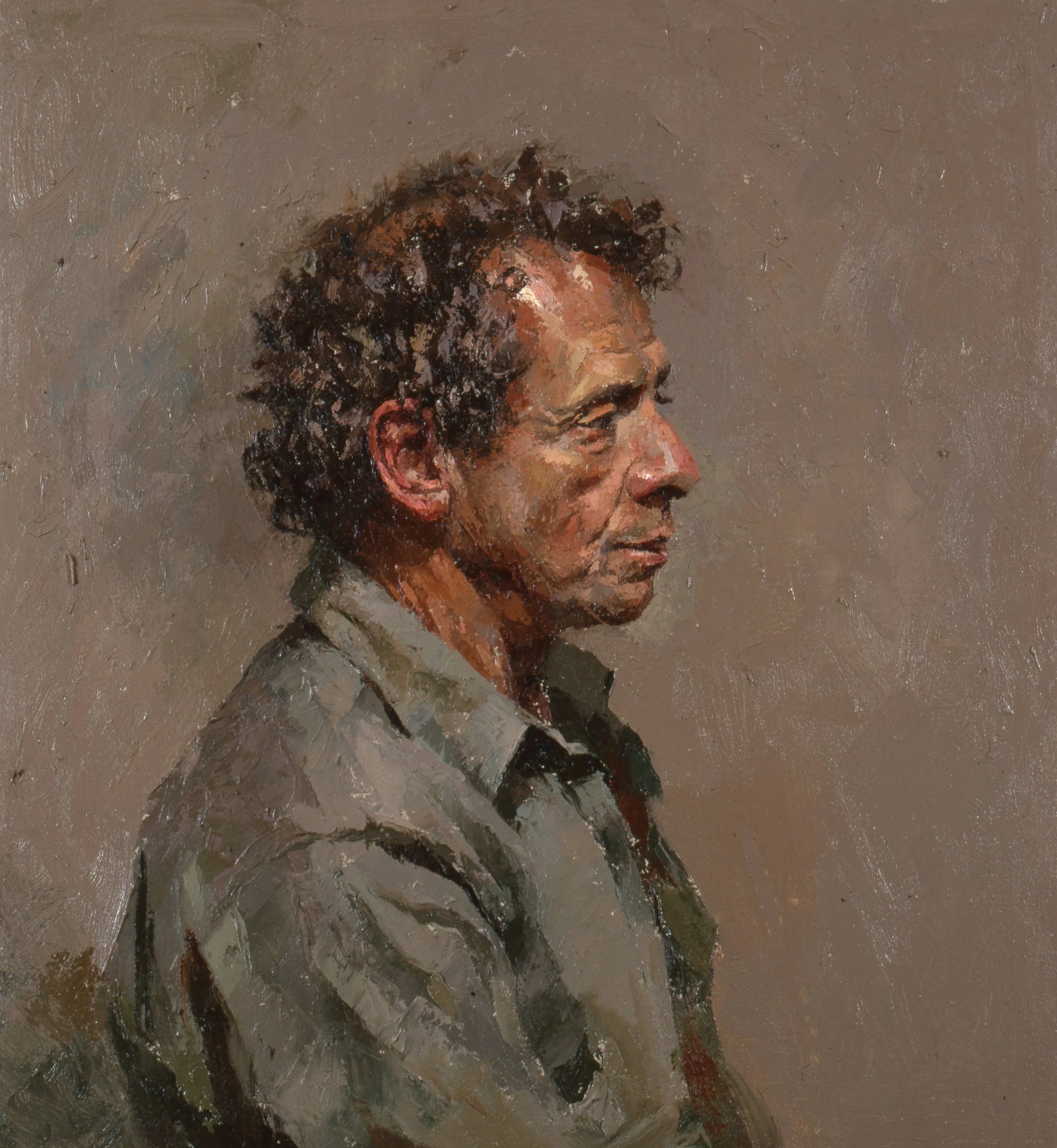 A detailed, realistic painting of a middle-aged man with curly dark hair, wearing a beige blazer over a shirt, looking to the right against a neutral background.