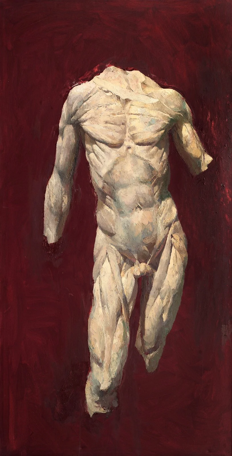 Painting of a headless, muscular male torso and legs against a dark red background.