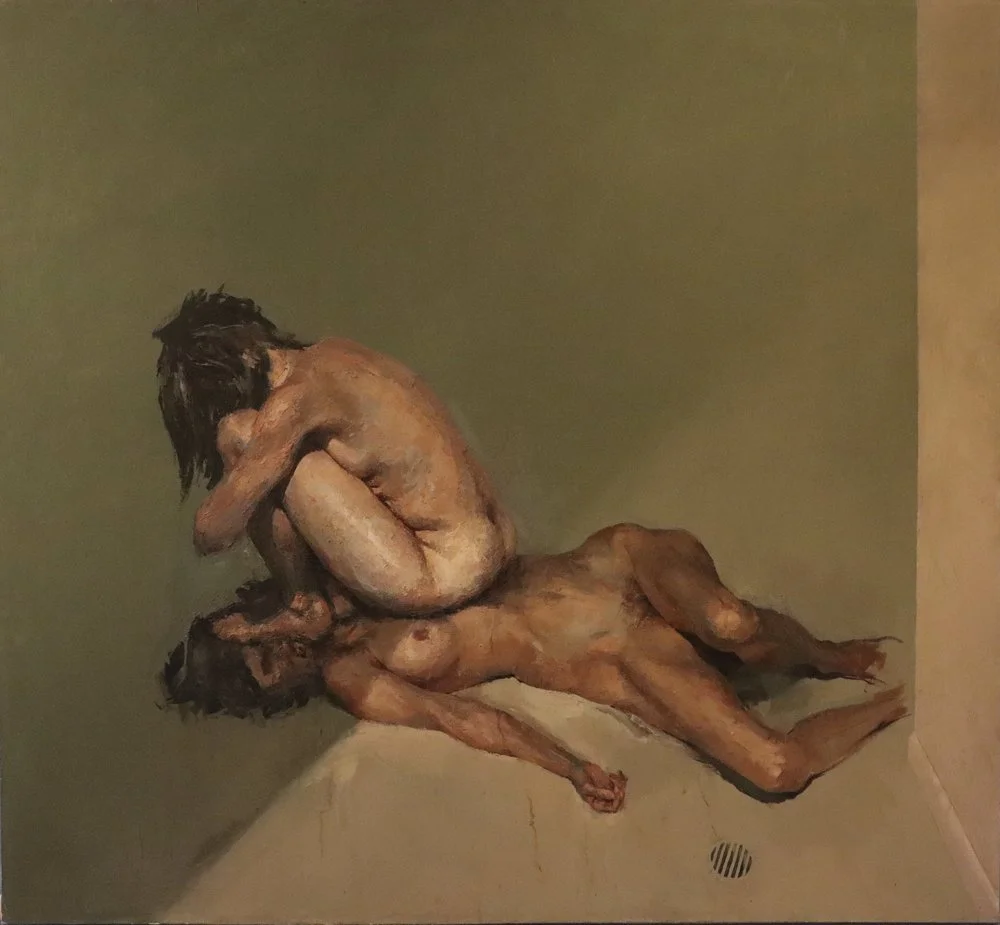Painting of two nude women lying on the floor, one with her head resting on the other's chest, in a dimly lit room.