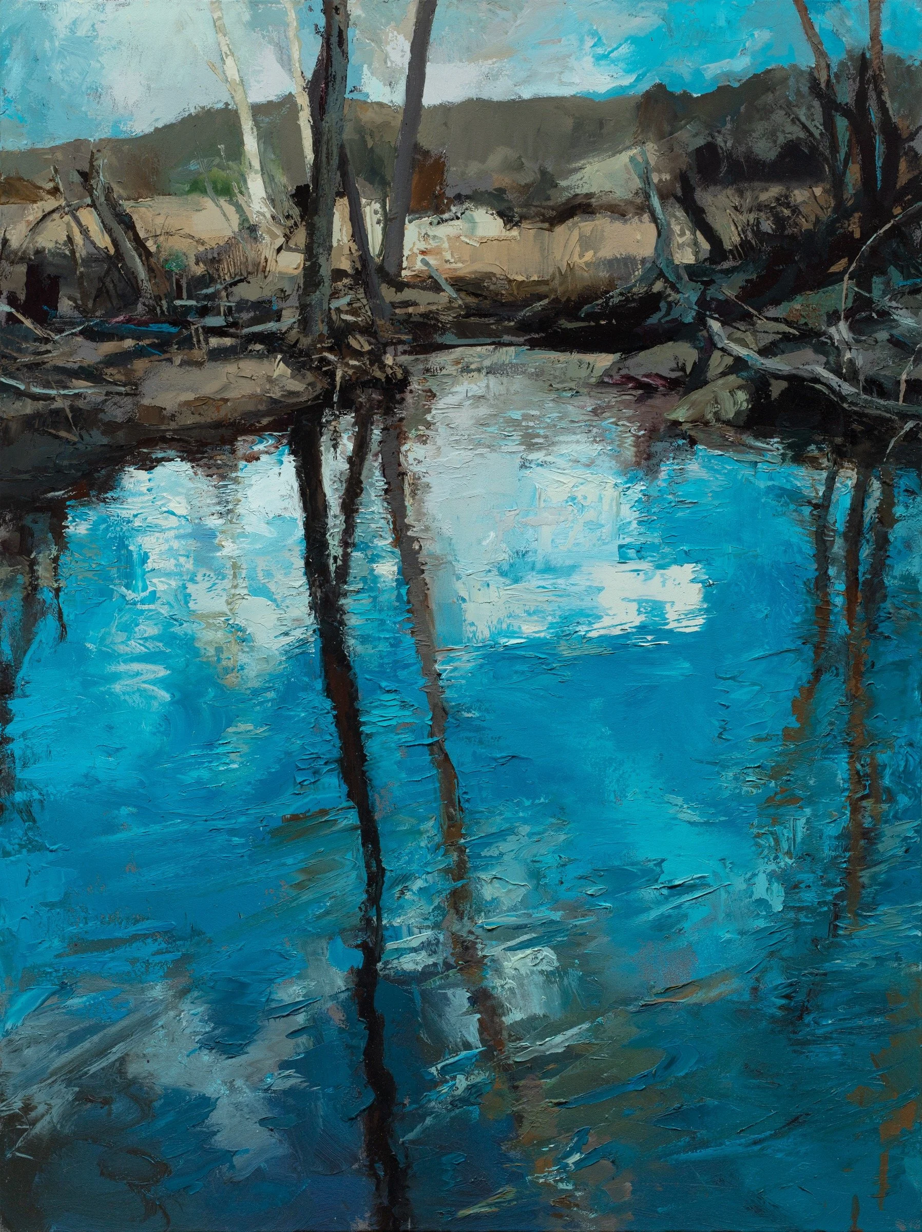 An oil painting of a creek with reflections of trees and the sky in the water, surrounded by trees and hills.