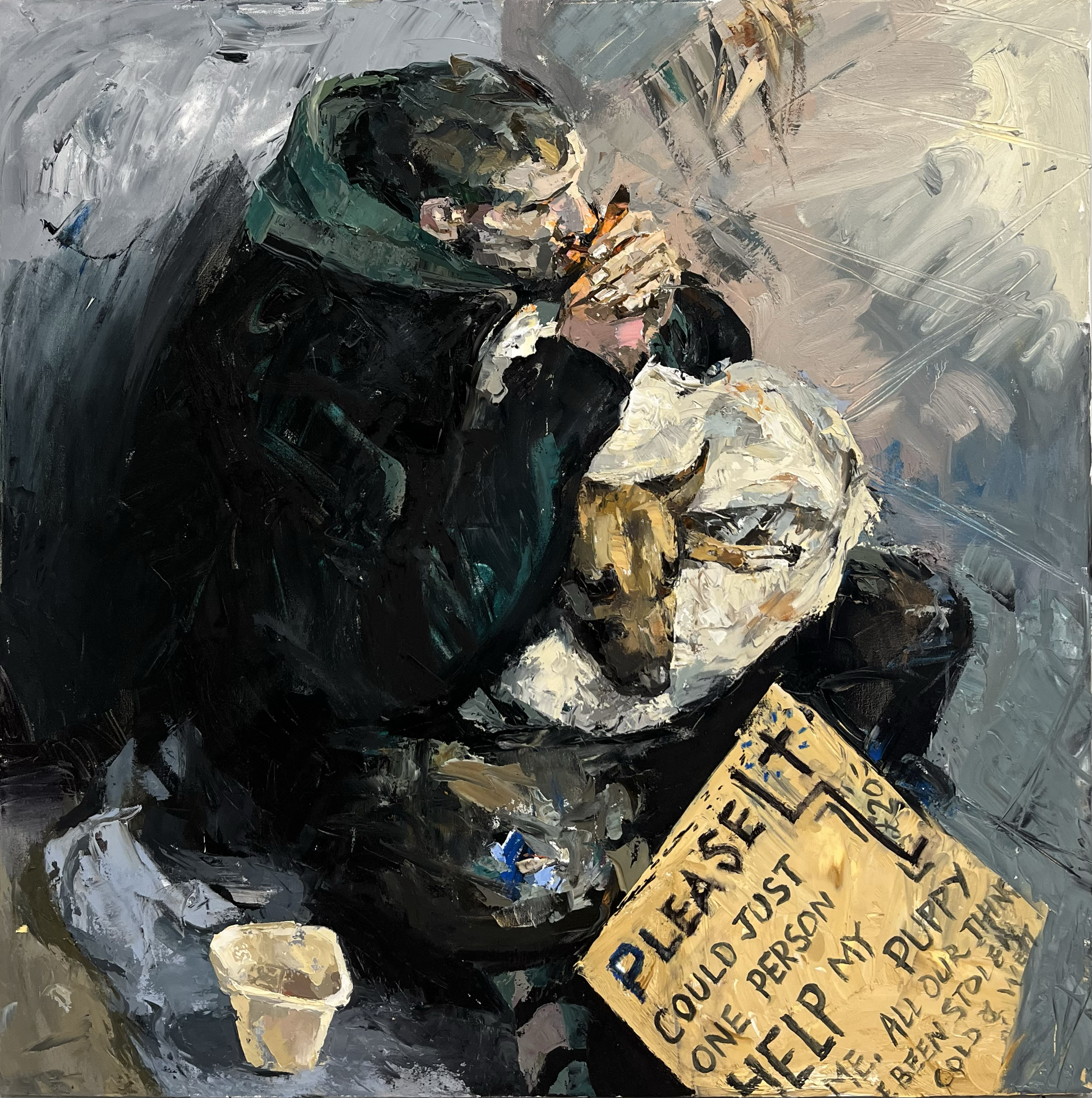A person with glasses and a beard, wearing dark clothing and a green scarf, holding a cardboard sign that says 'Please, could just one person help me?'