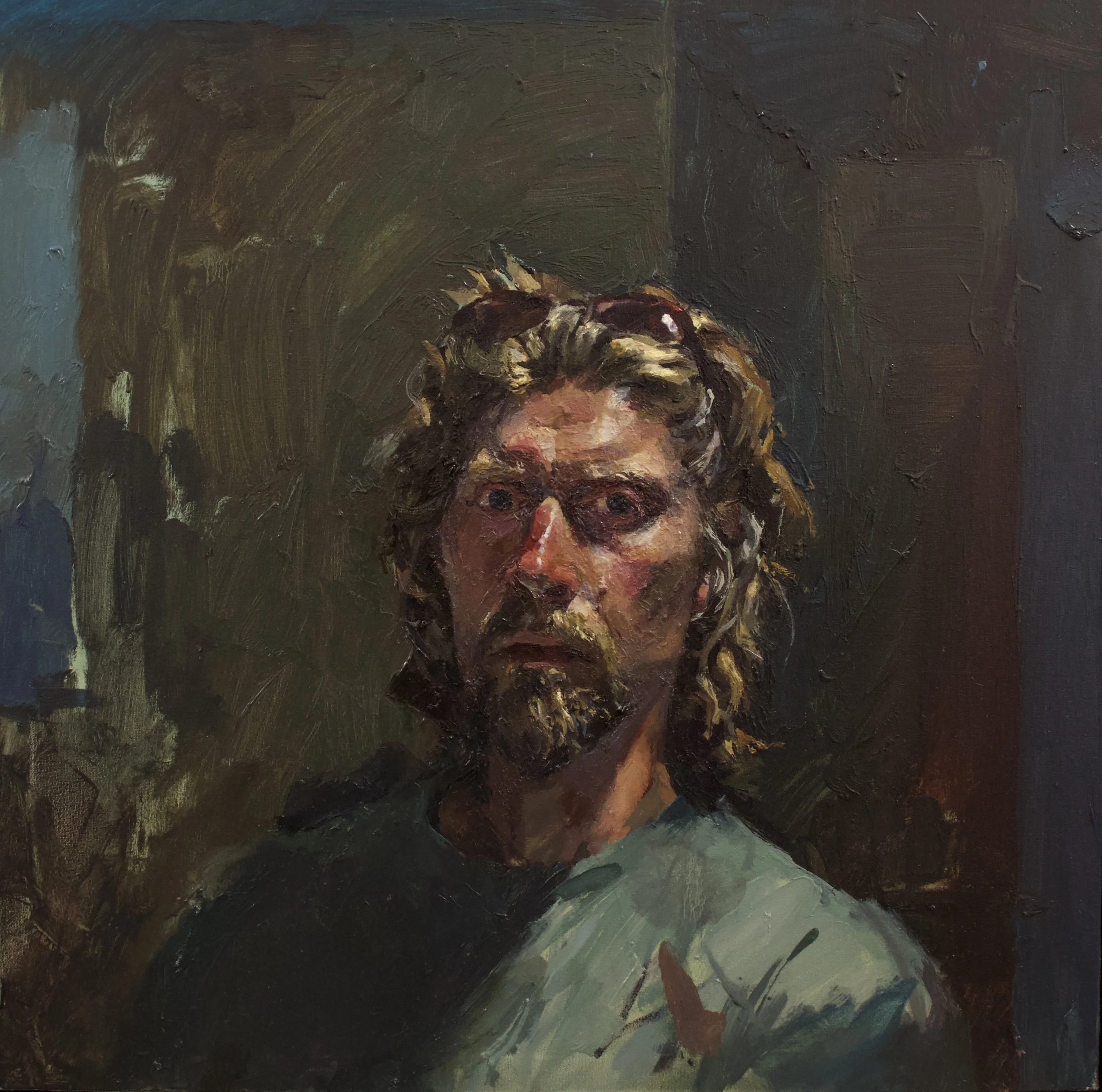 A painted portrait of a man with long hair, a beard, and glasses resting on his head, wearing a dark shirt, against a dark background.