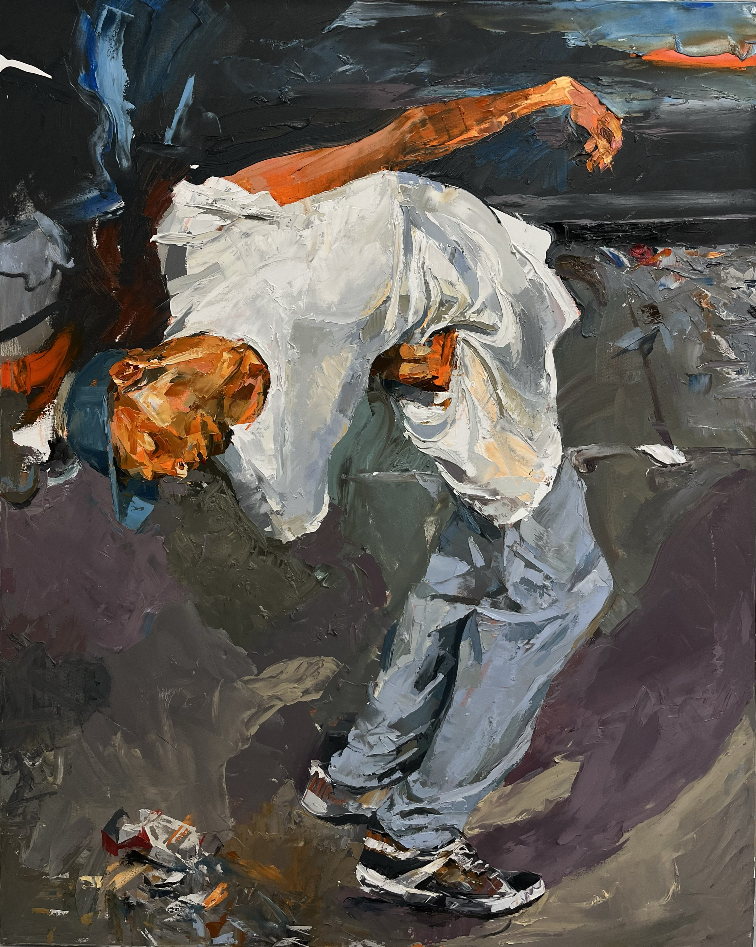 An impressionistic painting of a man in white clothing bending down outdoors, with a dark background and a tilted orange figure's arm in the upper part of the image.