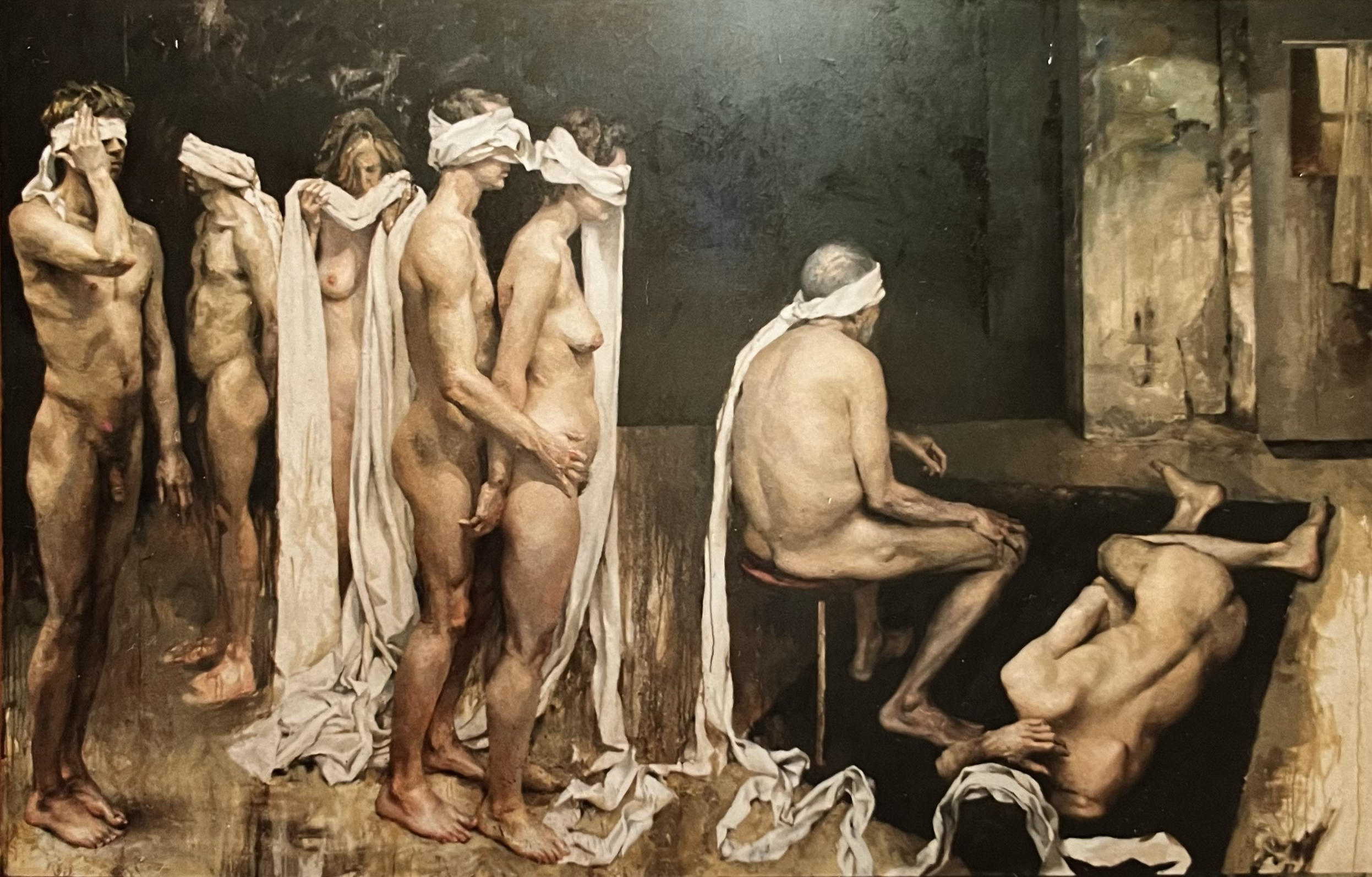 A painting depicting a sequence of nude human figures in a line, six of whom are standing with cloths covering their eyes, and two are seated in front of a dark background.