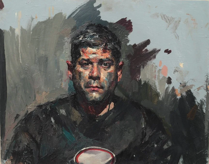 An oil painting of a man with short dark hair, wearing a black shirt, sitting in front of a light gray background with abstract brush strokes.