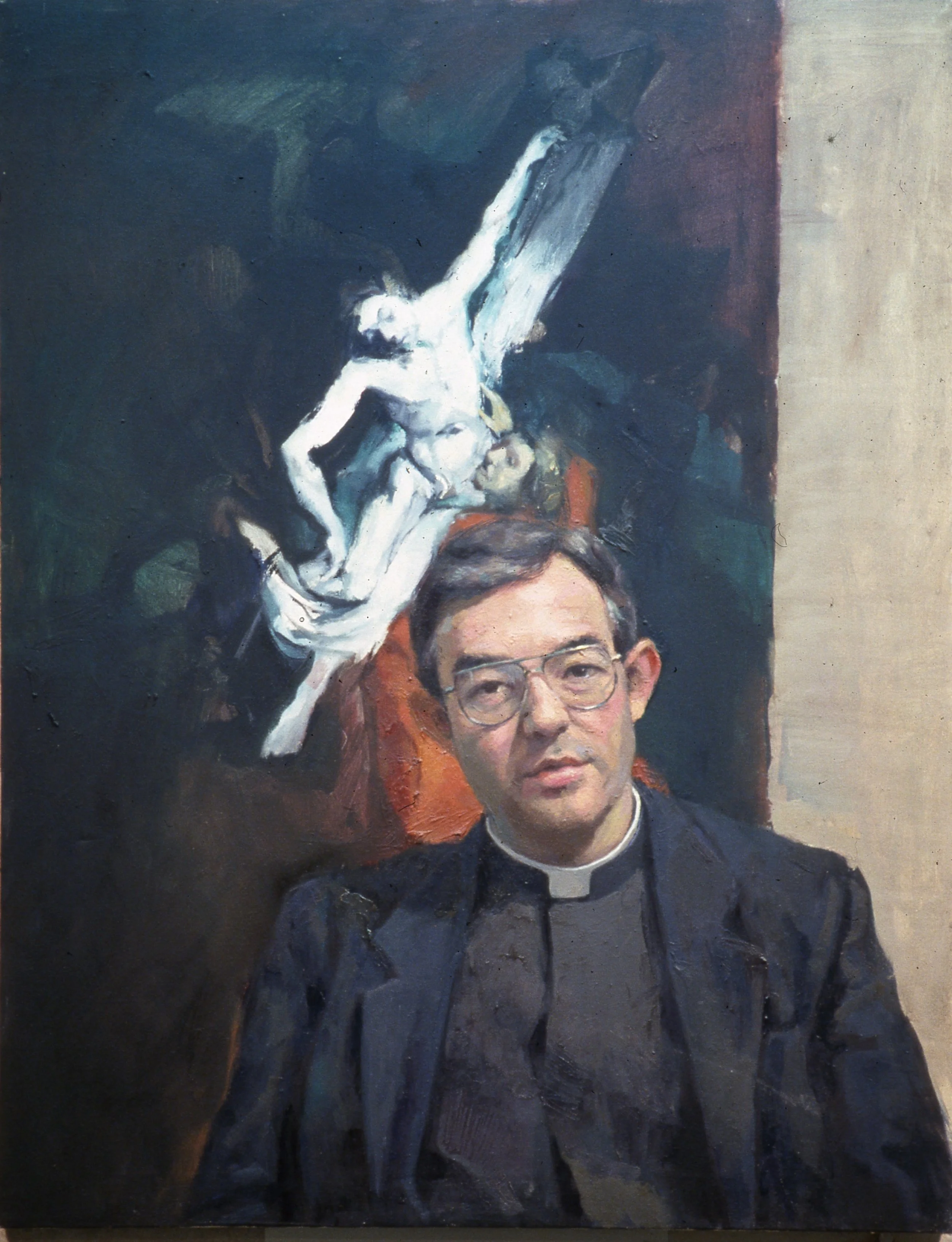 Painting of a man in clerical clothing sitting in front of a religious artwork depicting Jesus on the cross.