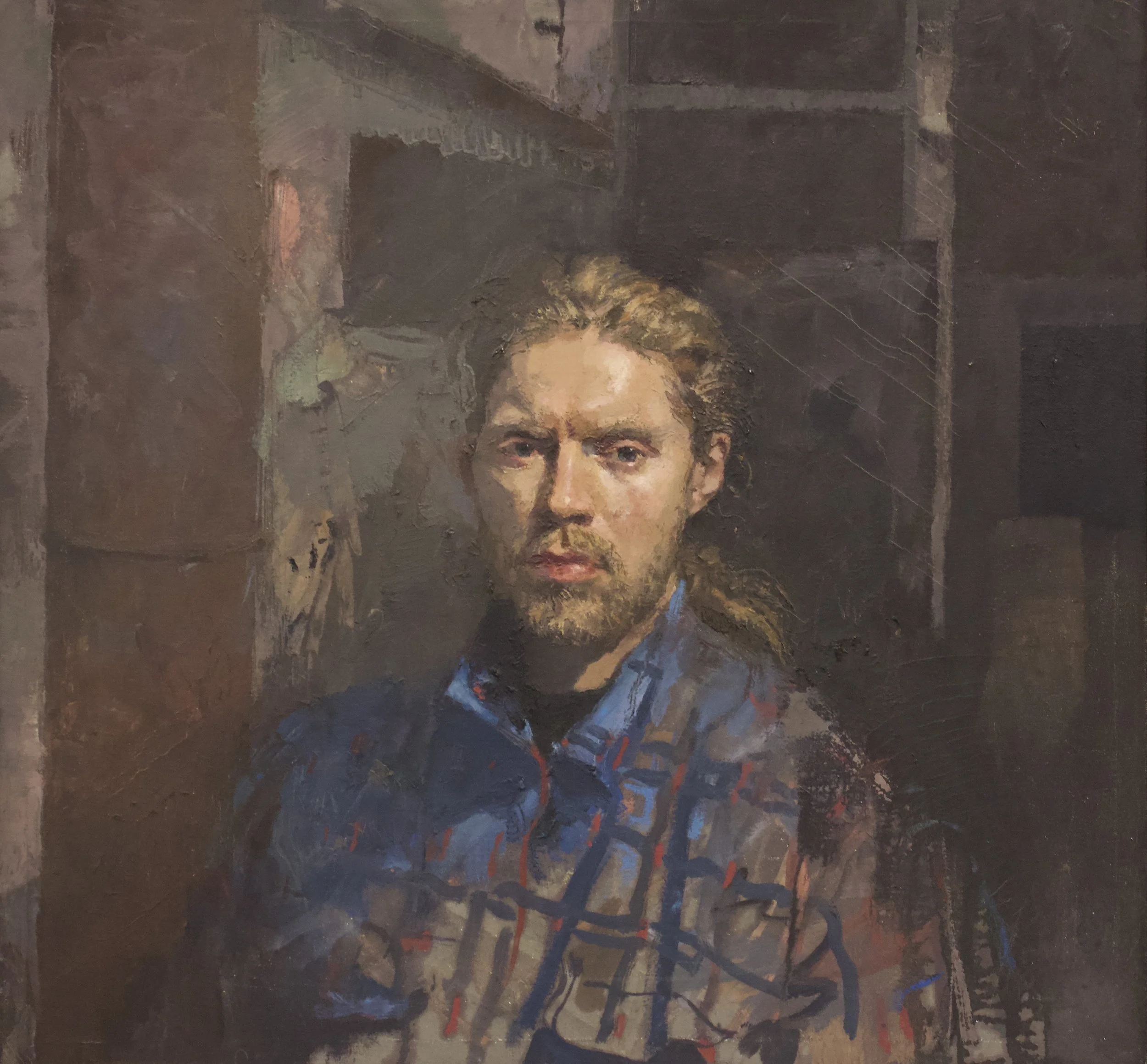 A realistic painting of a man with long blonde hair and a beard, wearing a plaid shirt, in a dimly lit interior setting.