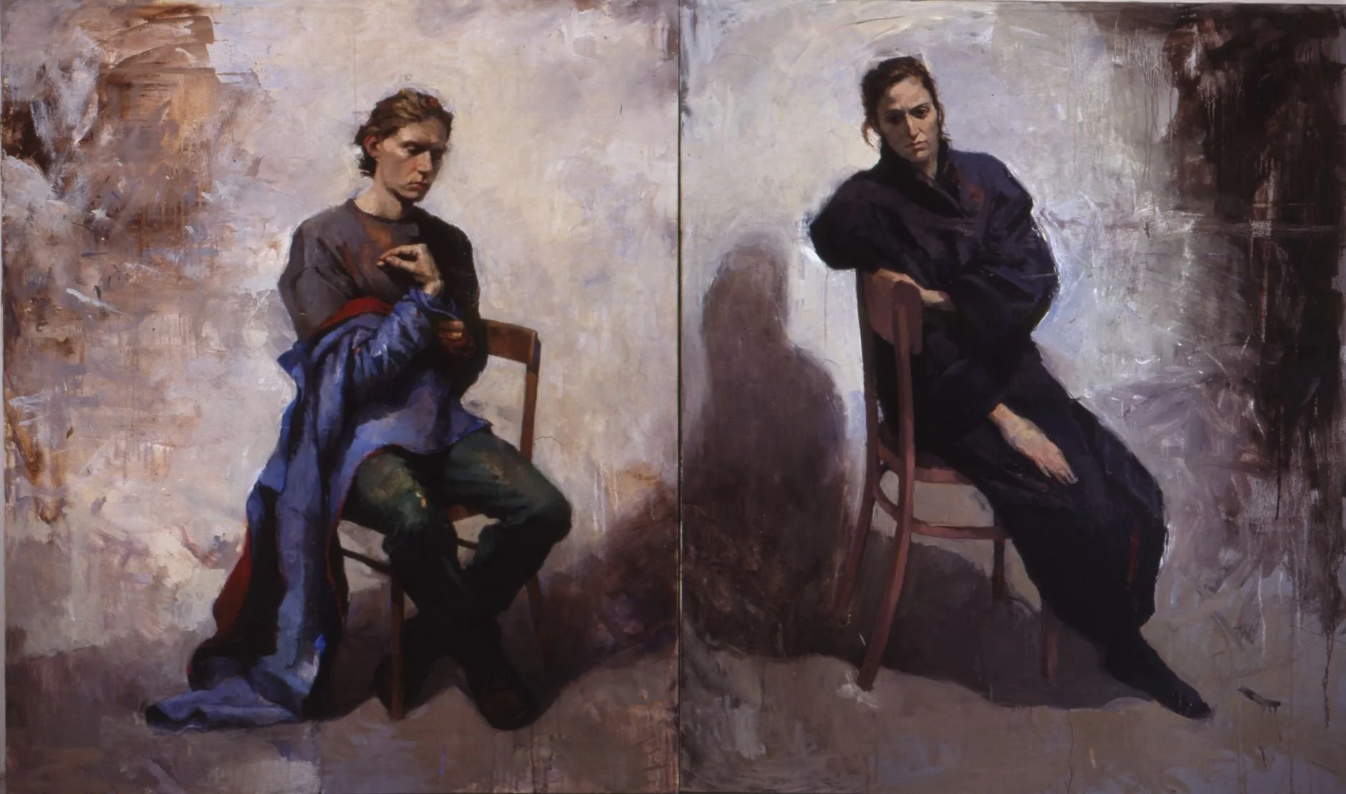 An oil painting of two women sitting on chairs, separated by a wall. The woman on the left has short hair, wearing a dark top and ripped jeans, holding a cloth. The woman on the right has dark hair, wearing a dark oversized jacket, with arms crossed.