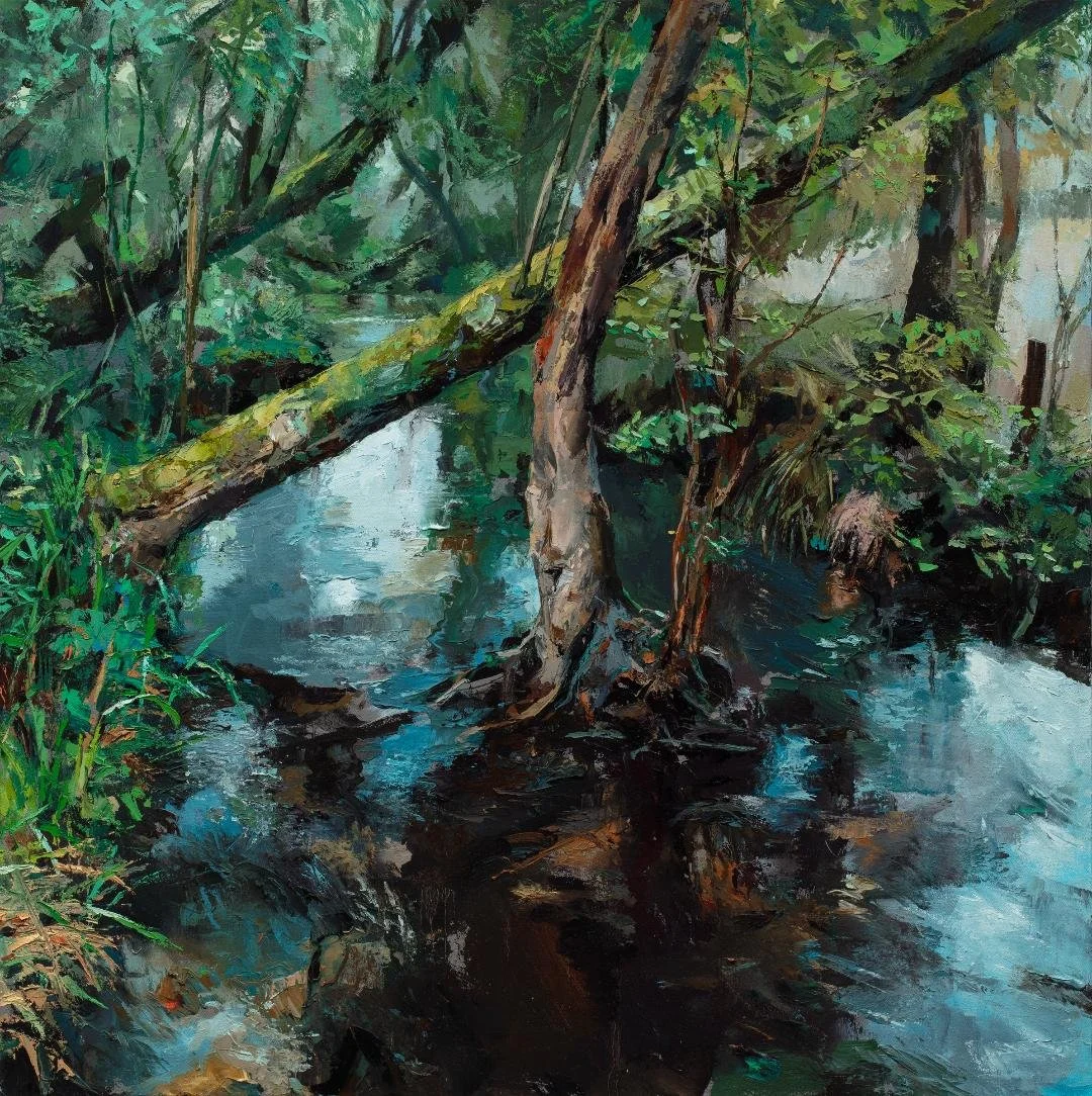 A painting of a lush green forest with a stream running through it, surrounded by dense trees and plants.