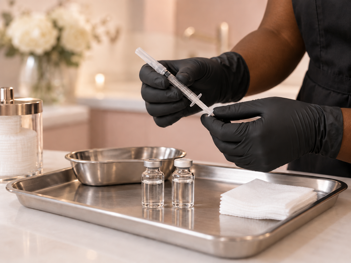 Black clinician preparing a capped cosmetic syringe and unbranded vials on a sterile treatment tray.