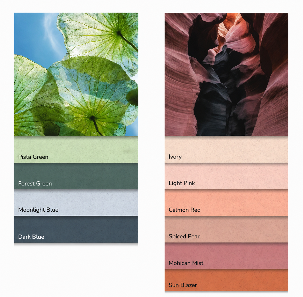 Comparison of color palette images: on the left, a nature scene with green leaves and blue sky, showing color swatches labeled Pista Green, Forest Green, Moonlight Blue, and Dark Blue; on the right, a canyon with layered rock formations in shades of ivory, light pink, celmon red, spiced pear, mohican mist, and sun blazer.