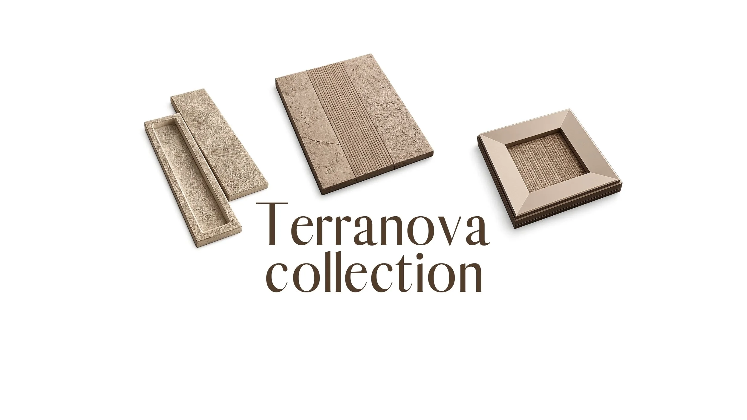 Collection of three different tile samples labeled 'Teranova collection' with varying textures and colors