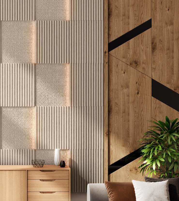 Interior wall decor with textured and ribbed wall panels, wooden paneling with geometric black accents, a wooden sideboard with decorative items, and a green potted plant in a living space.