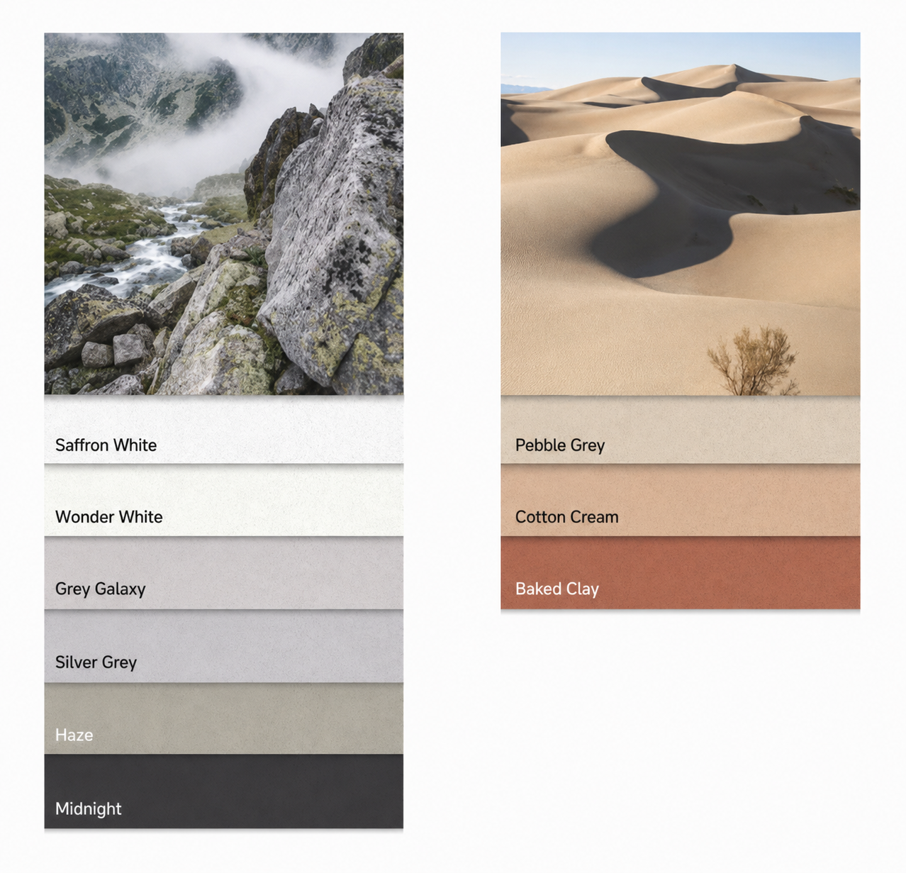 Image showing two sets of color palettes with landscape photographs. The left palette features earthy and neutral tones with labels: Saffron White, Wonder White, Grey Galaxy, Silver Grey, Haze, Midnight. The right palette showcases desert colors labeled: Pebble Grey, Cotton Cream, Baked Clay.