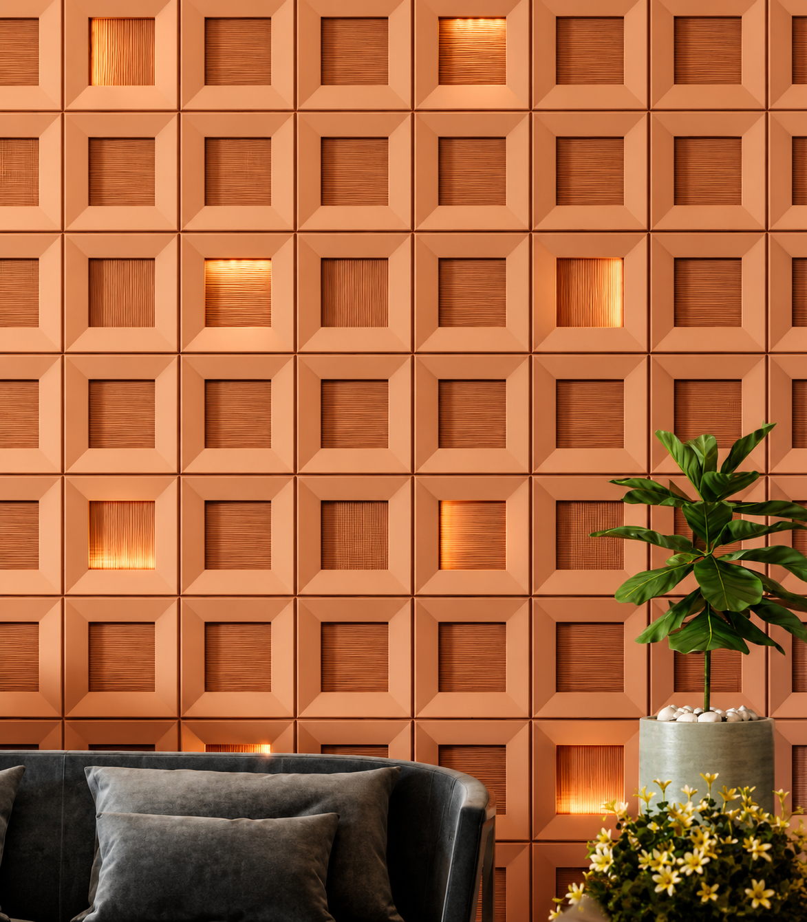 Interior wall with square wooden panels, some illuminated with warm lights, next to a green potted plant and a dark sofa with gray pillows.