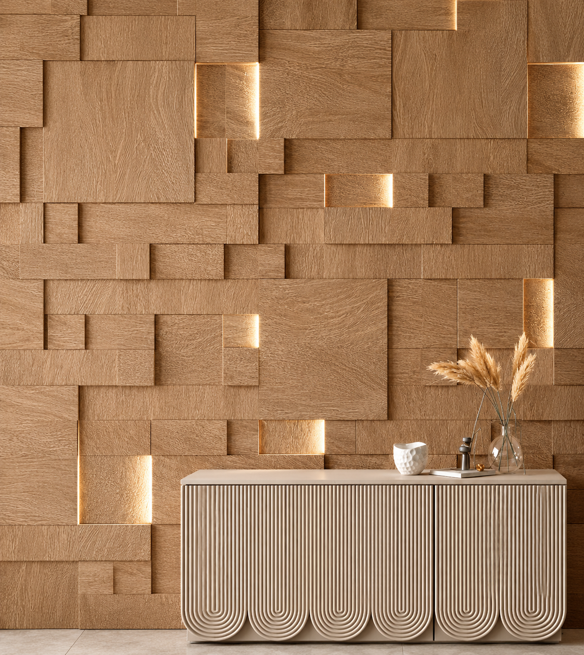 A modern sideboard with a ribbed front design placed against a textured wooden wall with integrated lighting. Decor on the sideboard includes a white textured bowl, a gray barrel-shaped container, and a glass vase with dried pampas grass.