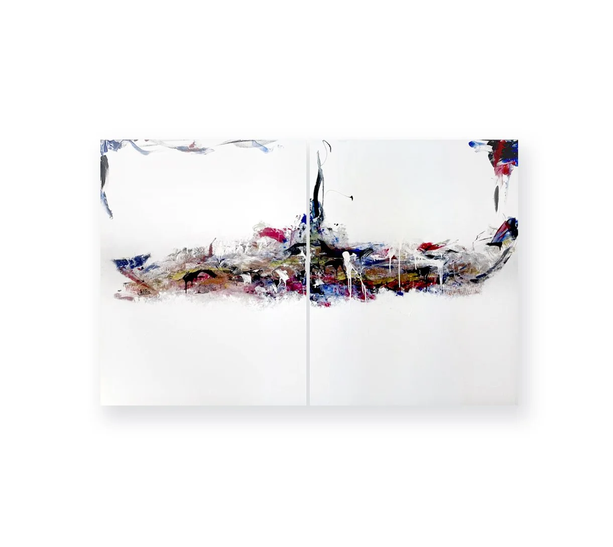 Abstract split diptych painting with splashes of red, blue, black, and earth tones on white background.