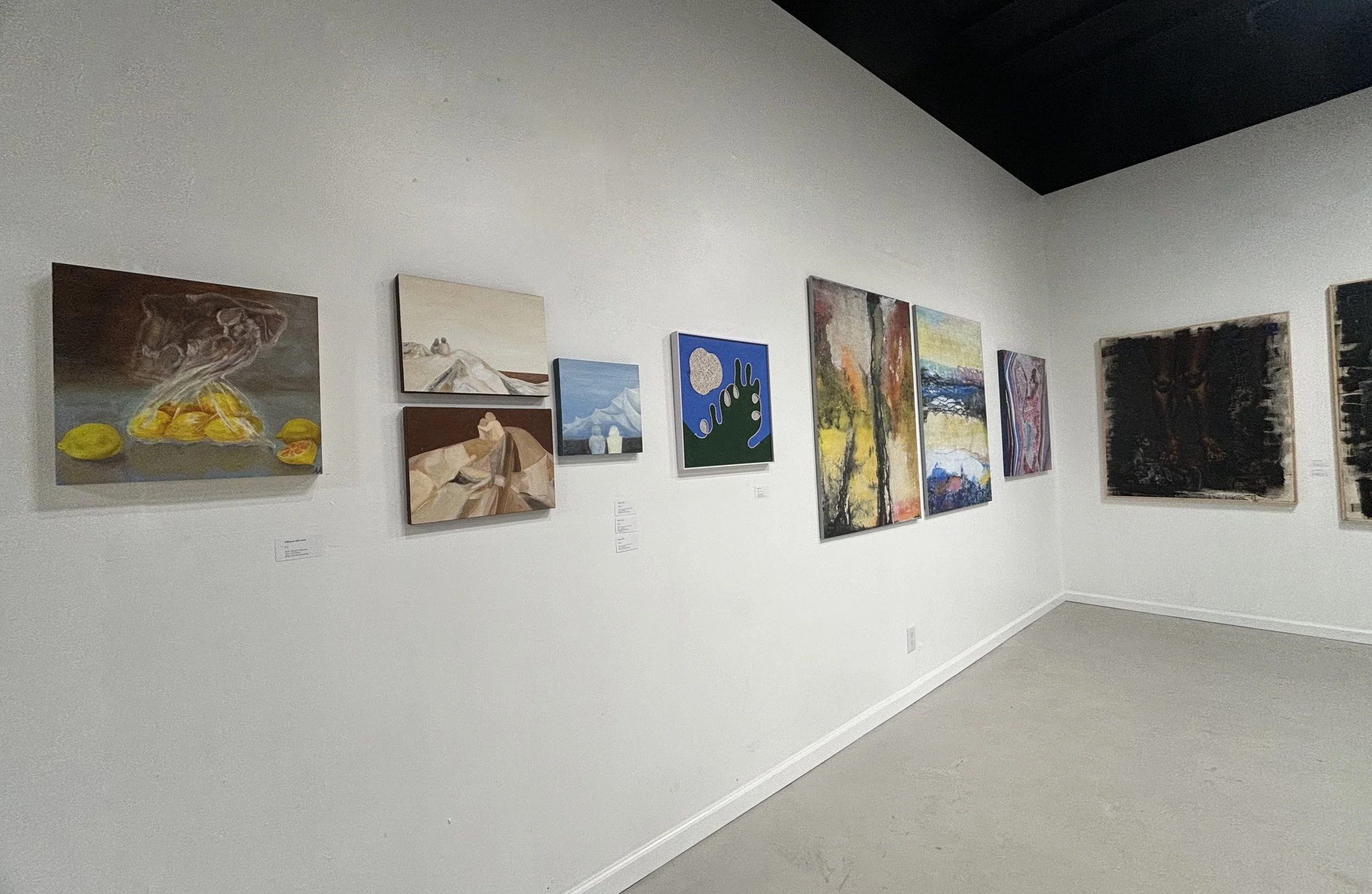 Gallery wall featuring various abstract and landscape paintings in a museum setting with white walls and light gray flooring. expressionisme abstrait, abstract expressionism. san francisco, art, exposition, exhibition.