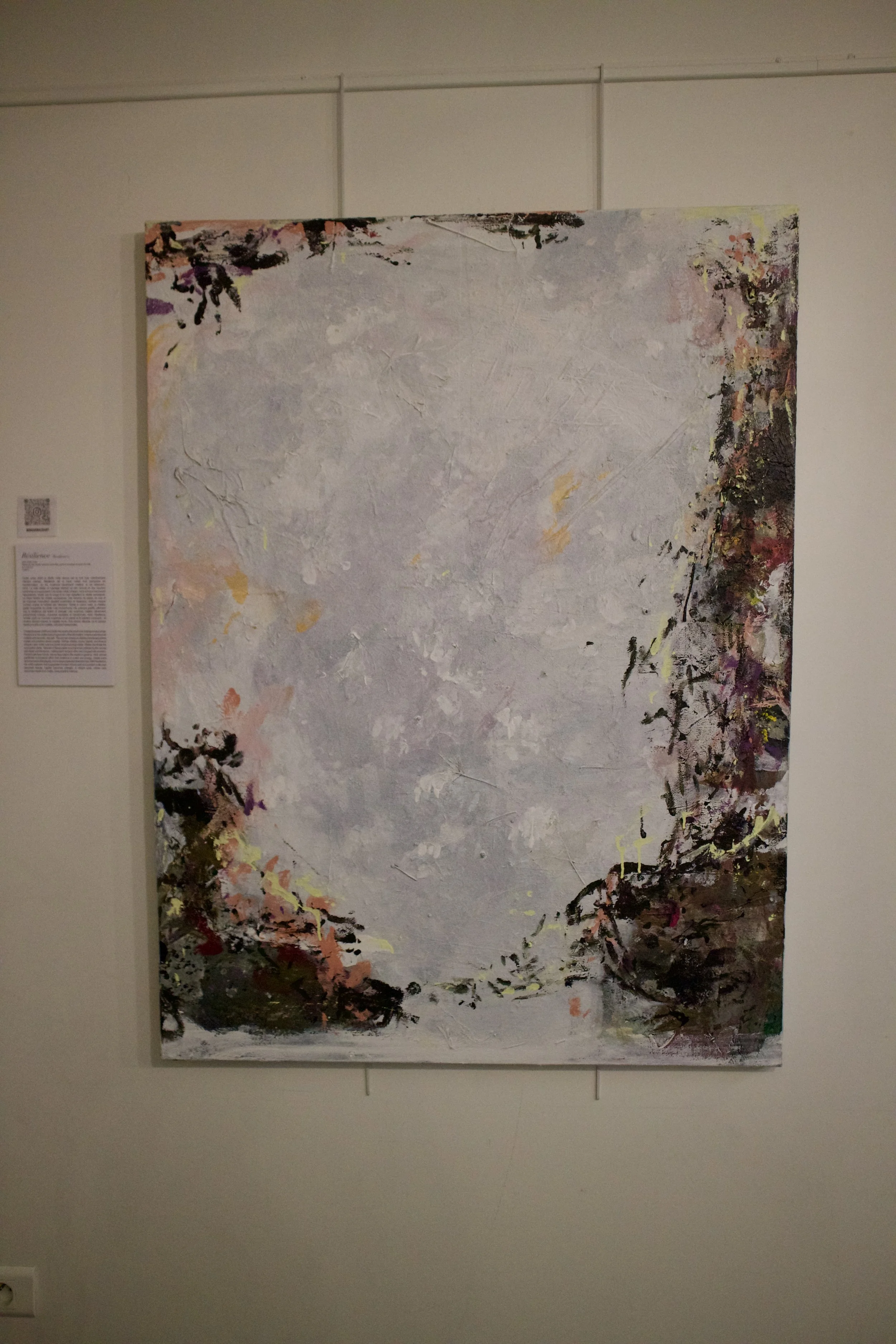 Abstract painting with textured pastel background and dark, colorful border details.