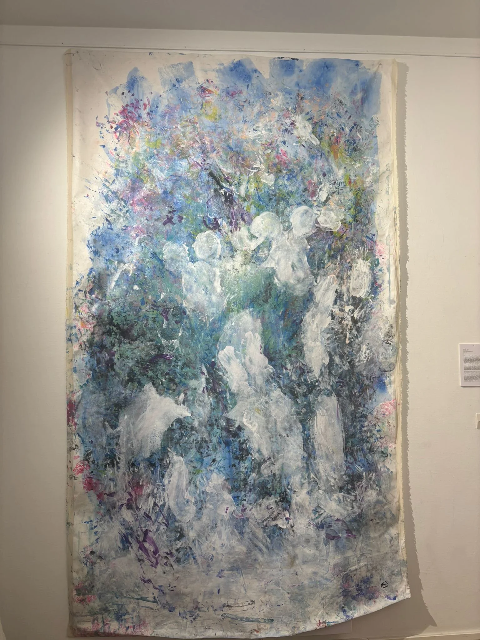 Abstract painting with dominant blue, white, purple, and hints of pink and green colors. modern art, contemporary art famous artist in paris, decoration, french american, biennale venise