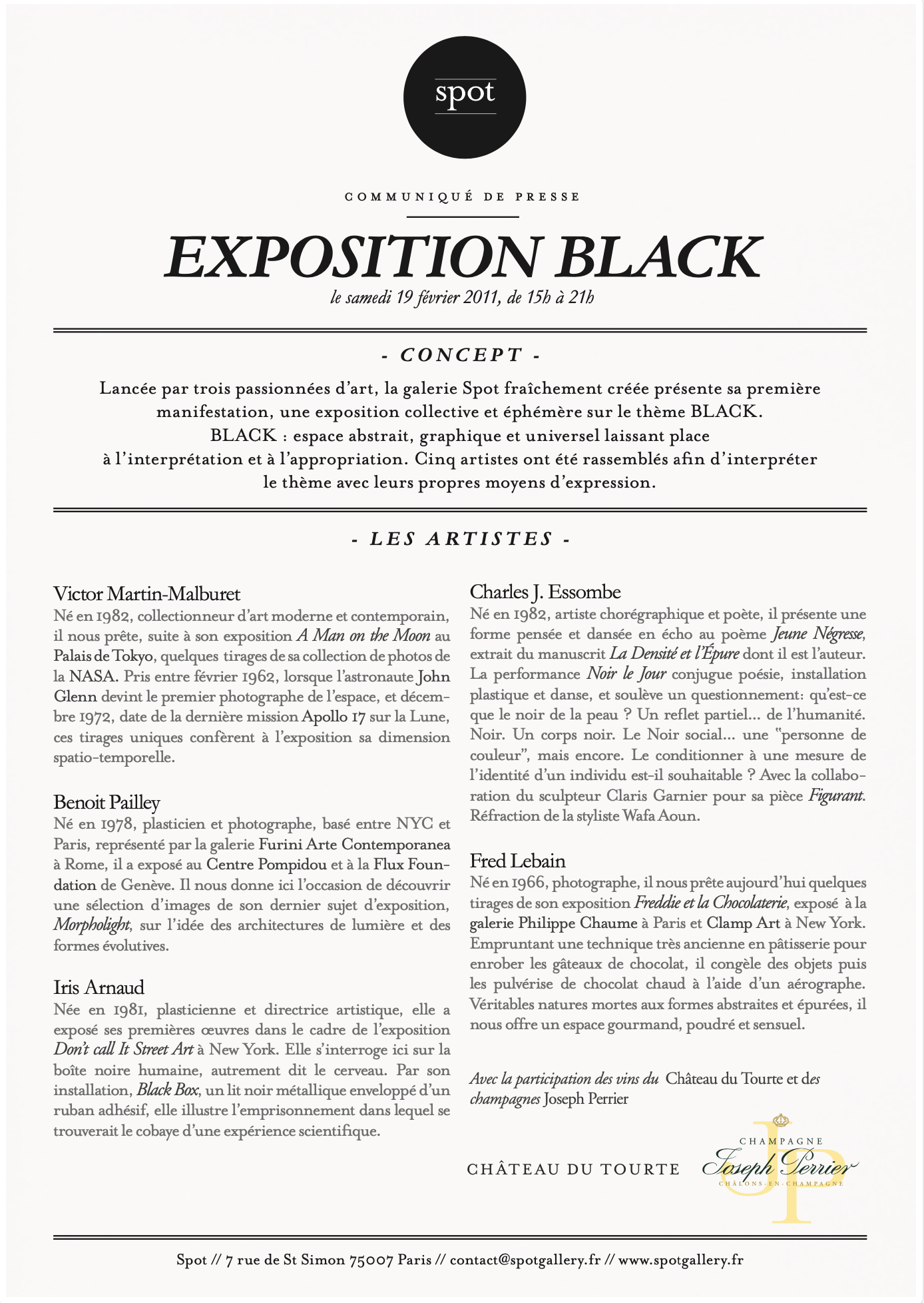 Flyer for "Exposition Black" at Spot Gallery, Paris, featuring a collective art exhibition on the theme of "BLACK" scheduled for February 19, 2011. Includes artist descriptions: Victor Martin-Malburet, Benoit Paillé, Iris Arnaud, Charles J. Essombe,