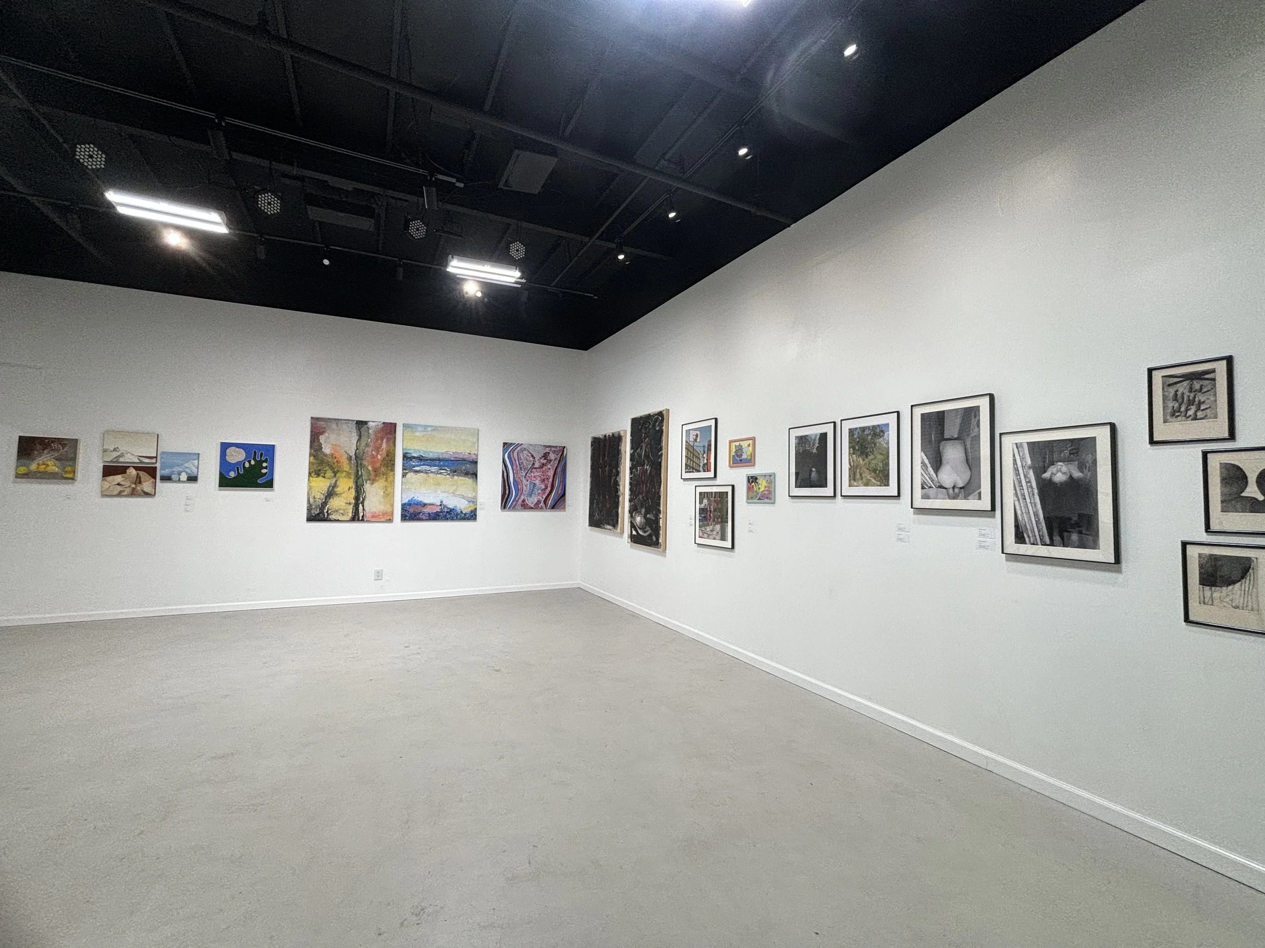 An art gallery with white walls displaying various colorful and black-and-white paintings and photographs. The floor is light-colored, and the ceiling is black with spotlights illuminating the artwork.